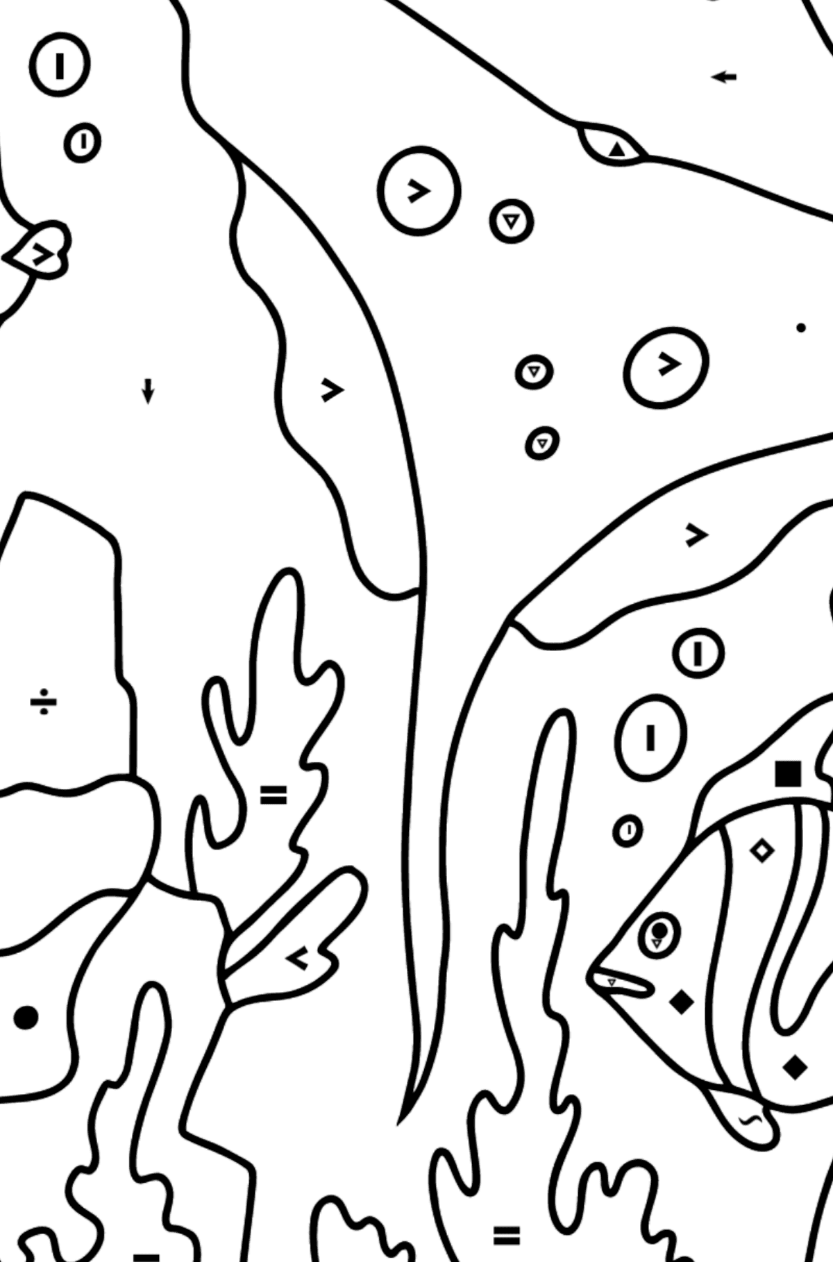 Målarbild fisk och en stingrocka (svår) - Färgläggning efter symboler För barn