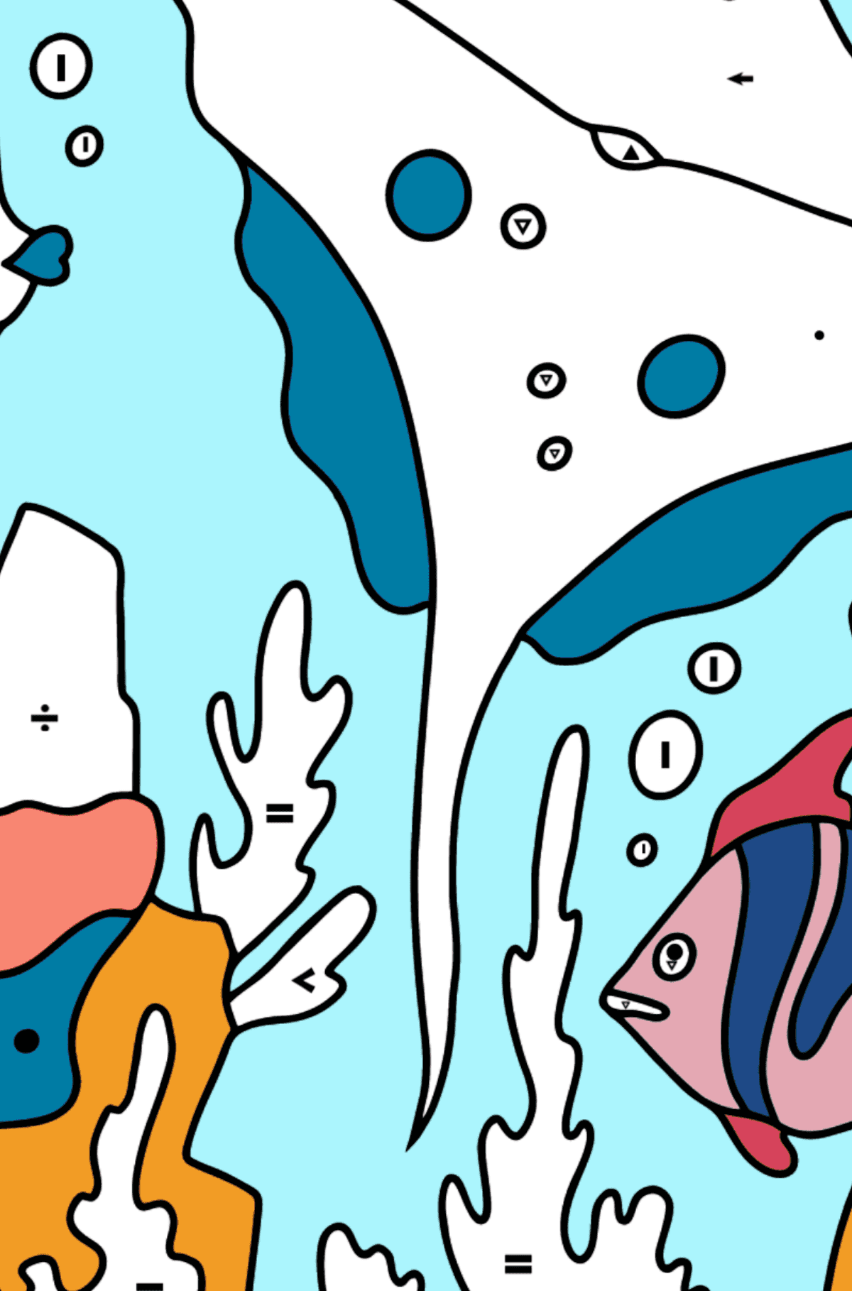 Dibujo para Colorear - Los Peces Nadan al Lado de una Raya - Colorear por Símbolos para Niños