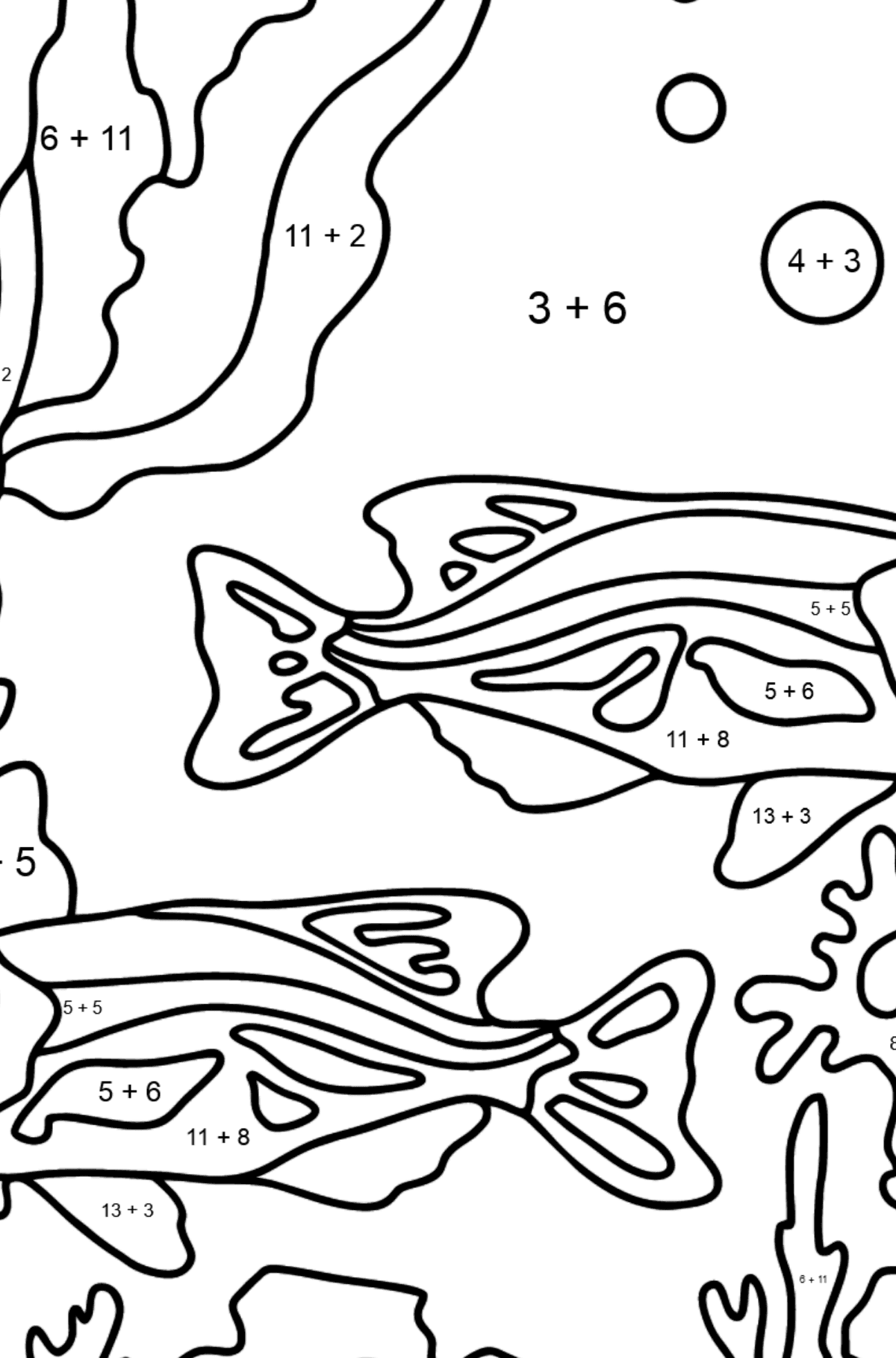 Dibujo para Colorear - Los Peces están Nadando Juntos Pacíficamente - Colorear con Matemáticas - Sumas para Niños
