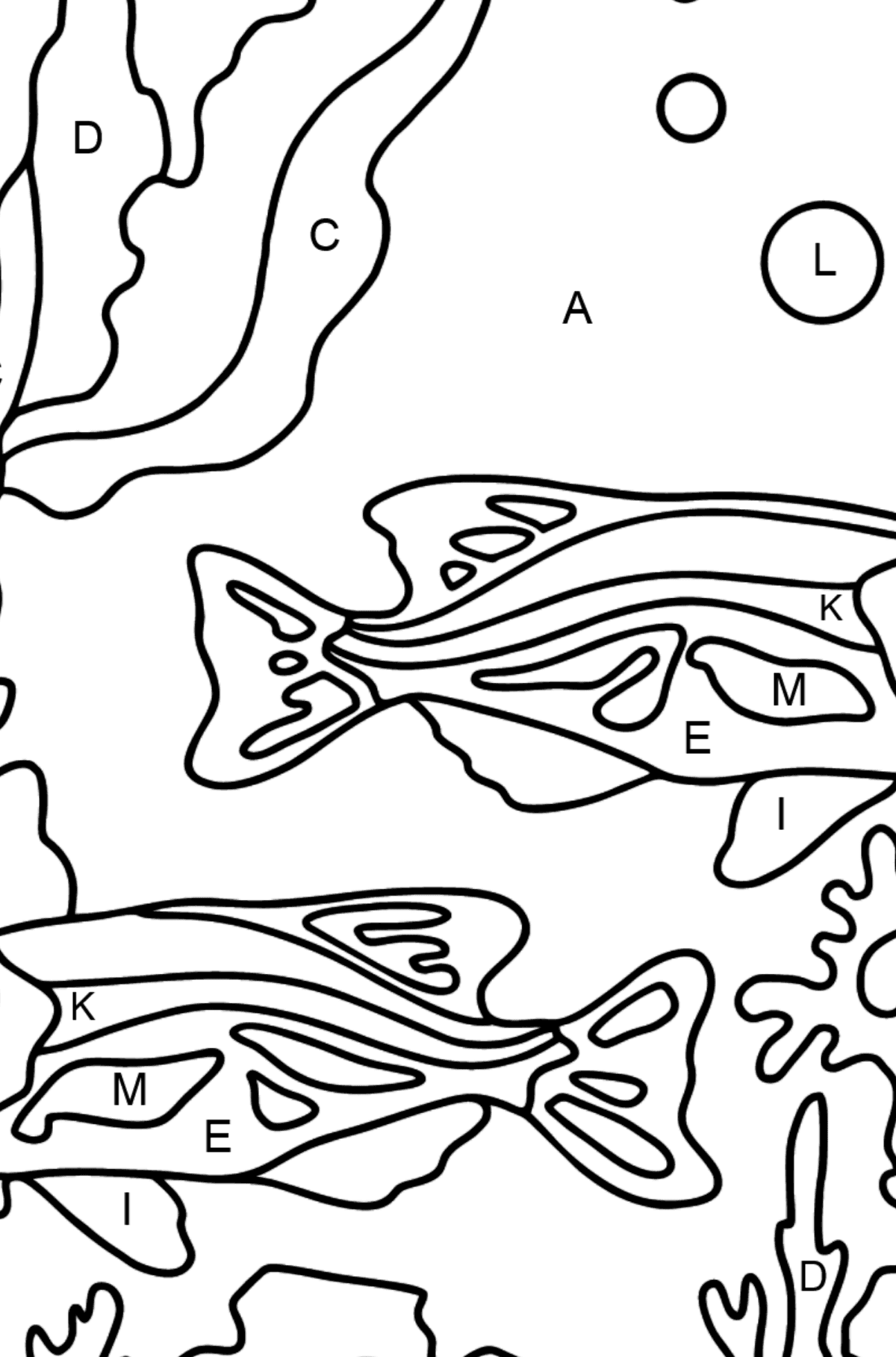 Ausmalbild Fische im Aquarium - Ausmalen nach Buchstaben für Kinder