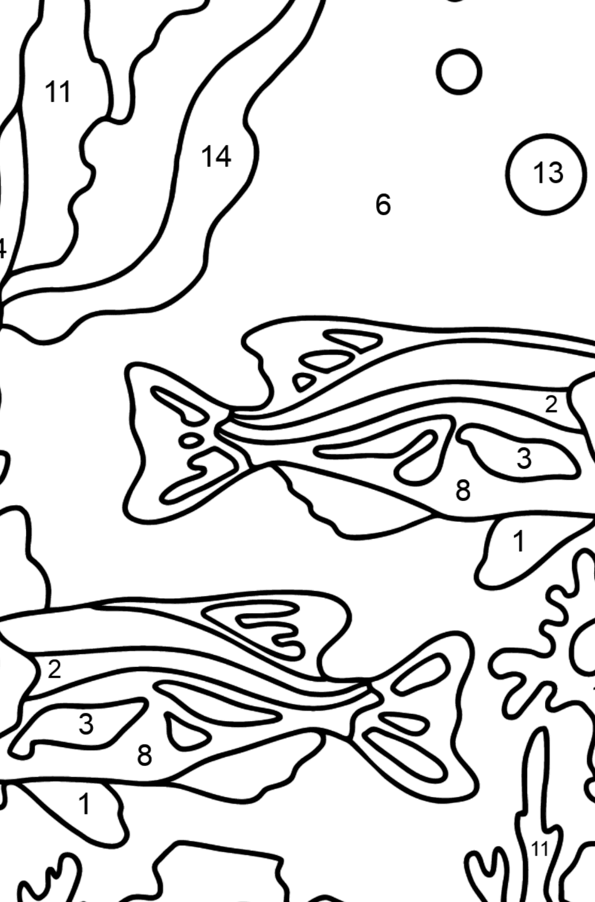 Ausmalbild Fische im Aquarium - Malen nach Zahlen für Kinder