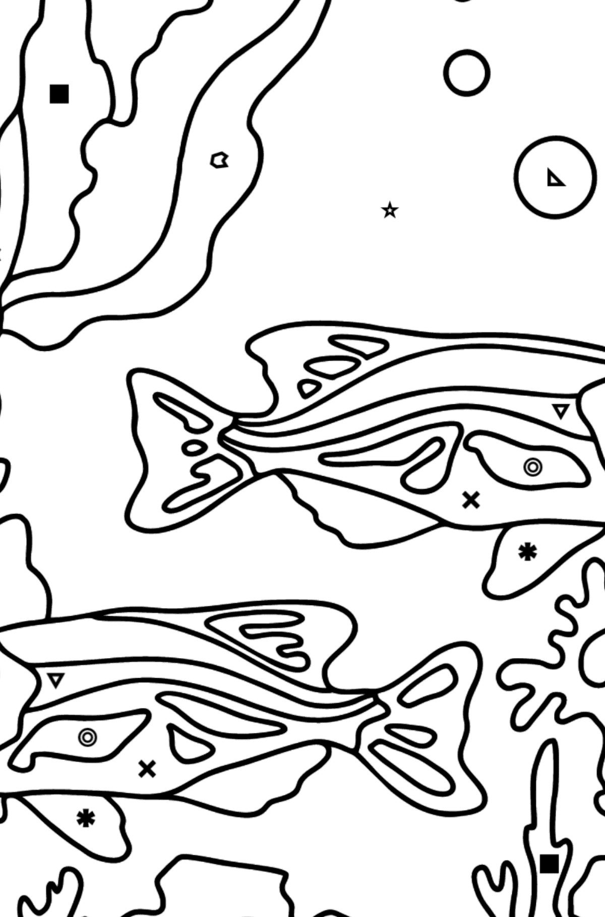 Coloring Page - Fish are Swimming Together Peacefully - Coloring by Symbols and Geometric Shapes for Kids