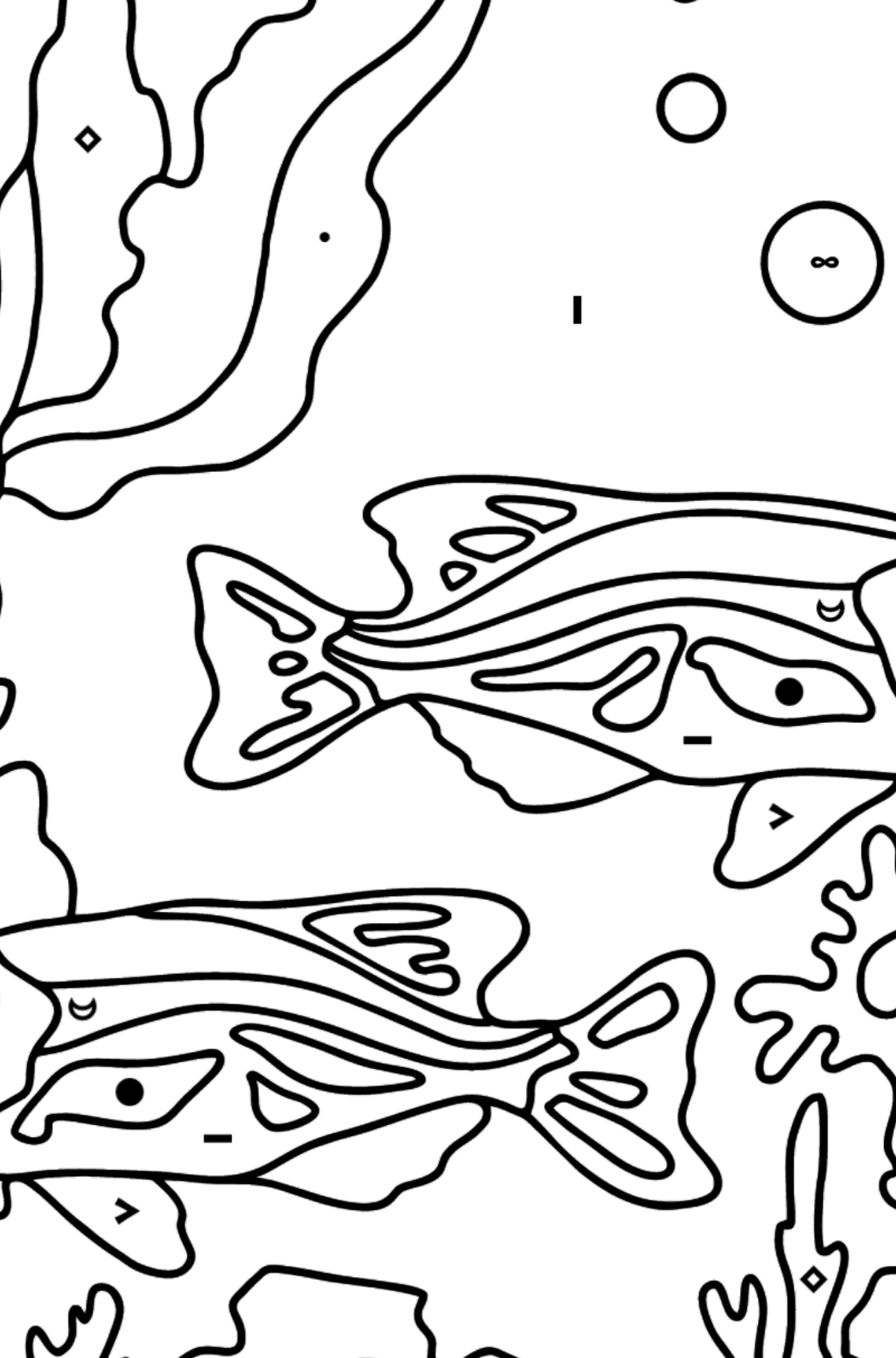 Dibujo para Colorear - Los Peces están Nadando Juntos Pacíficamente - Colorear por Símbolos para Niños