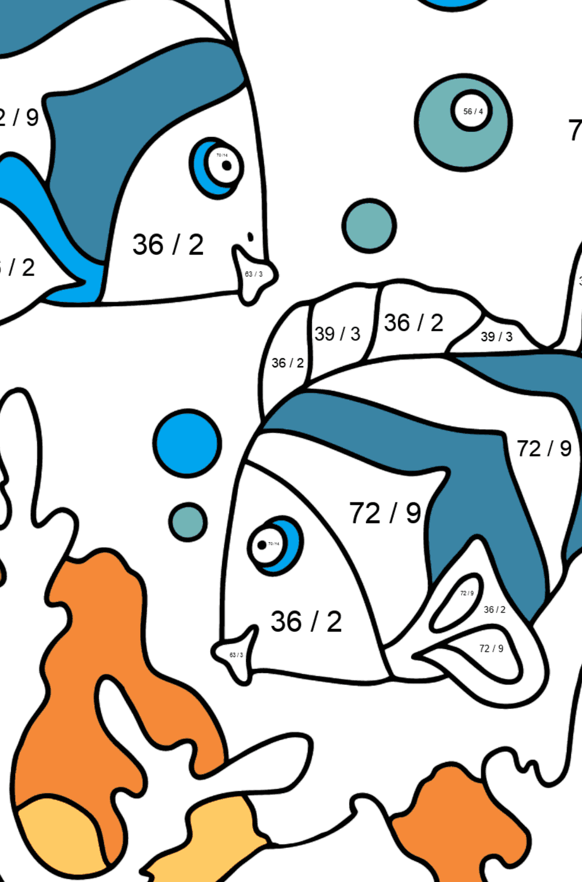 Coloring Page - Fish are Swimming Very Energetically - Math Coloring - Division for Kids