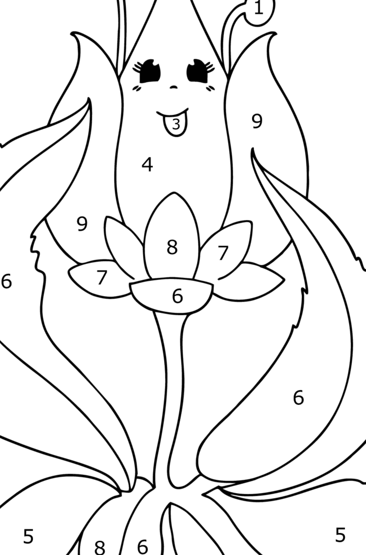 Målarbild blomknopp med ögon - Färgläggning efter nummer För barn
