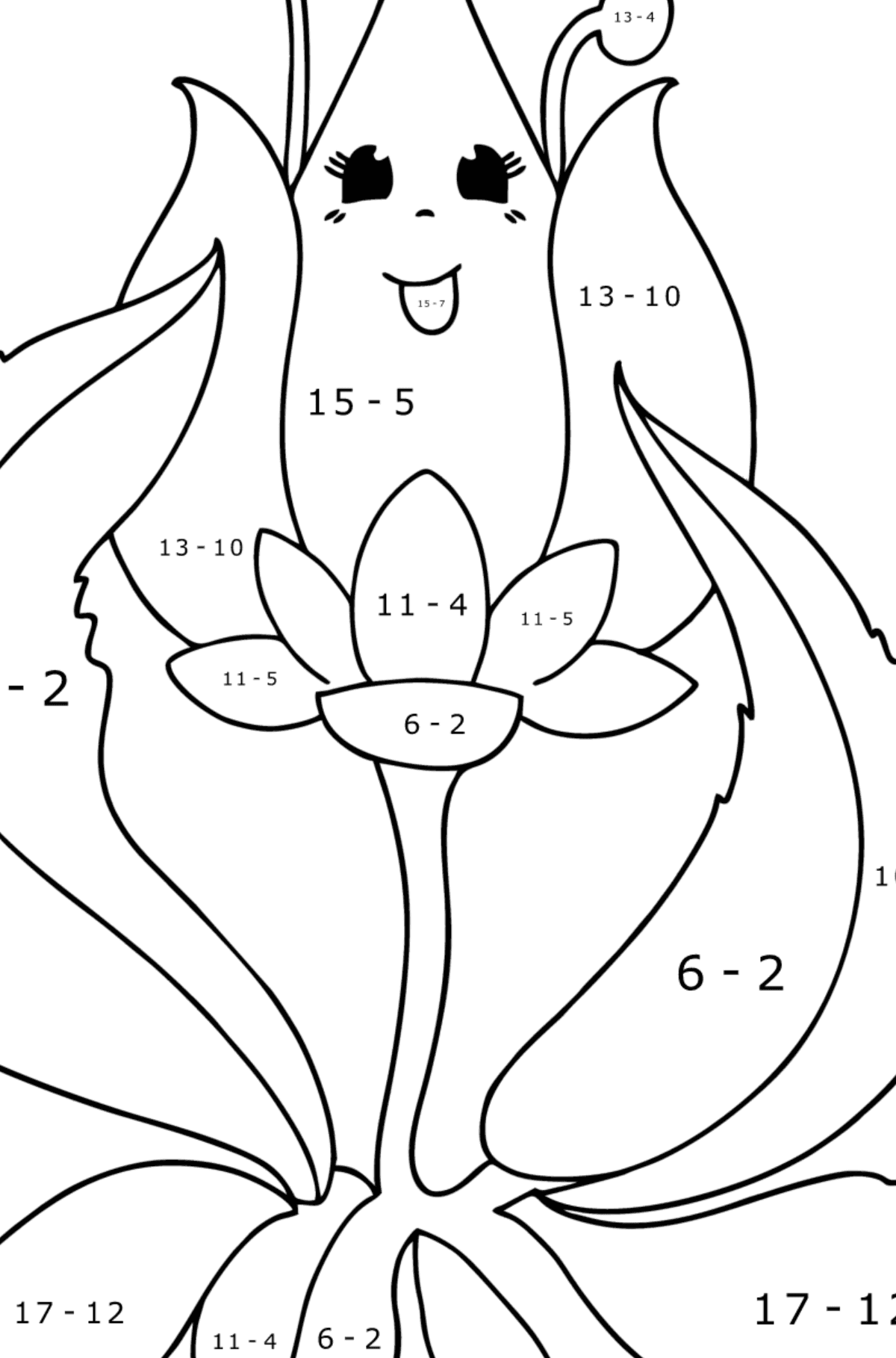 Målarbild blomknopp med ögon - Matematik Färgläggning - Subtraktion För barn