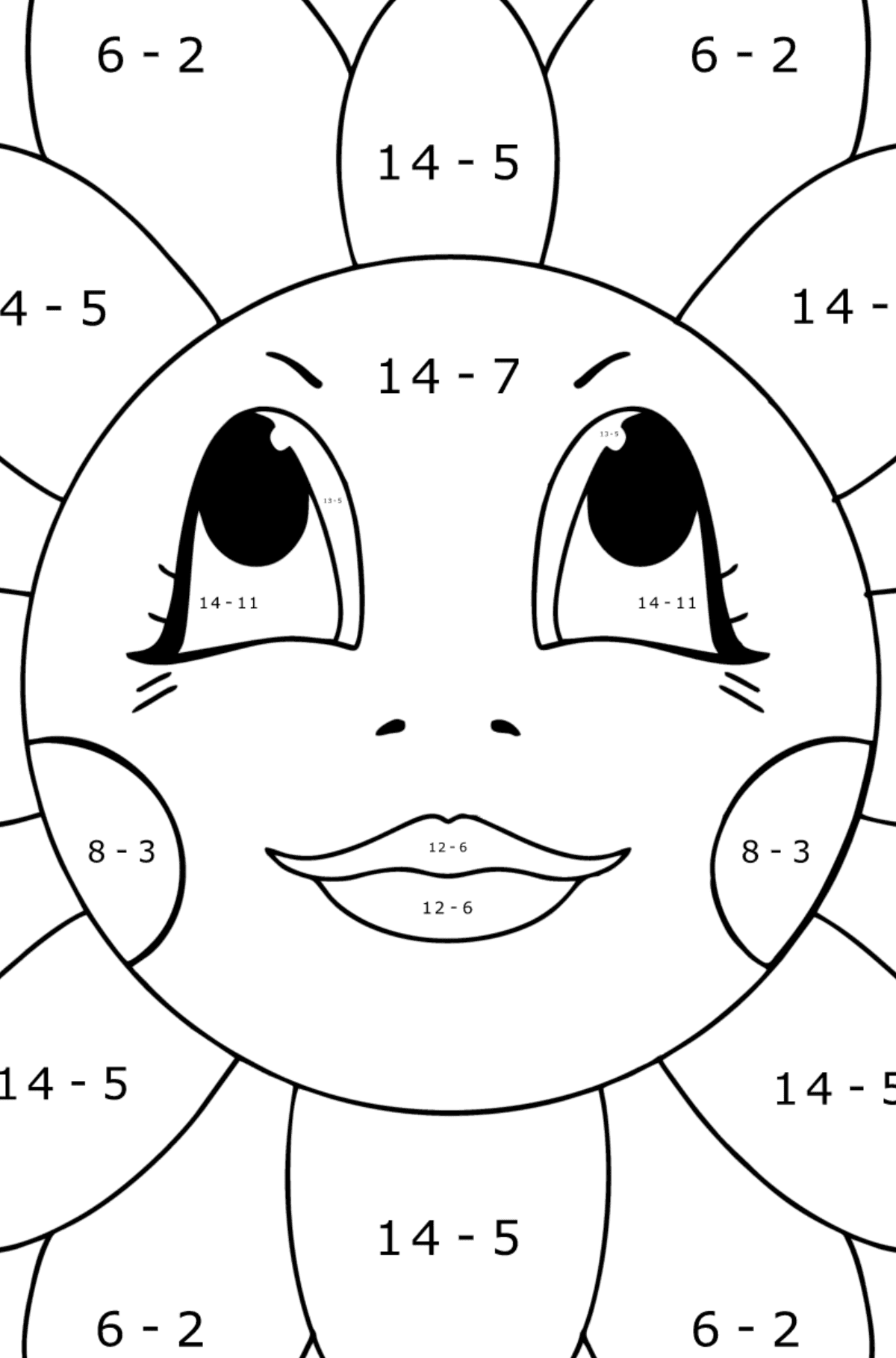 Tegning til farvning Kamille med øjne - Matematisk farvelægning side -- Subtraktion for børn