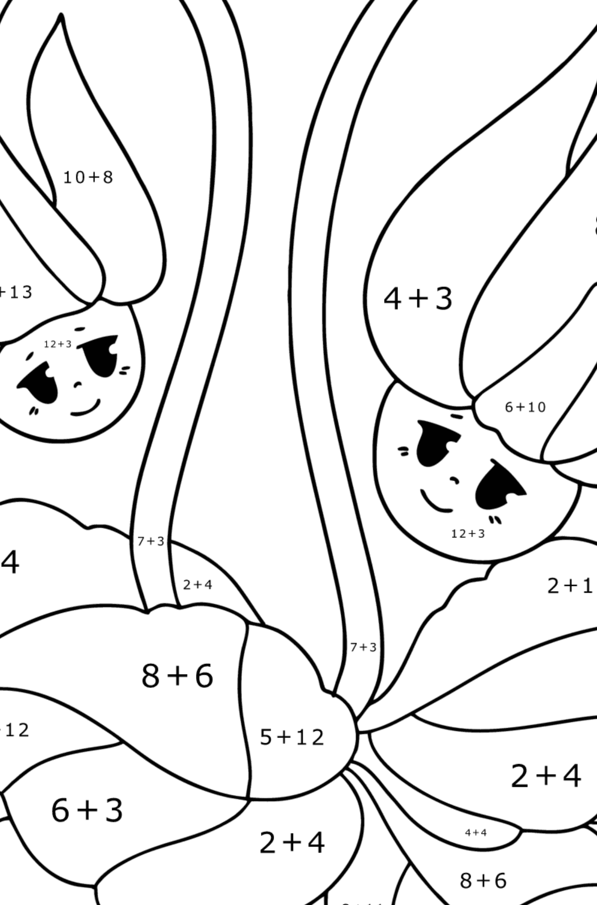 Tegning til fargelegging Cyclamen, blomster med øyne - Matematisk fargeleggingsside - addisjon for barn