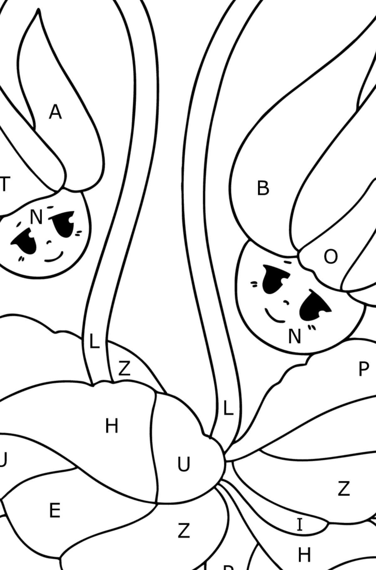 Tegning til farvning Cyclamen, blomster med øjne - Farvelægning af brevene for børn