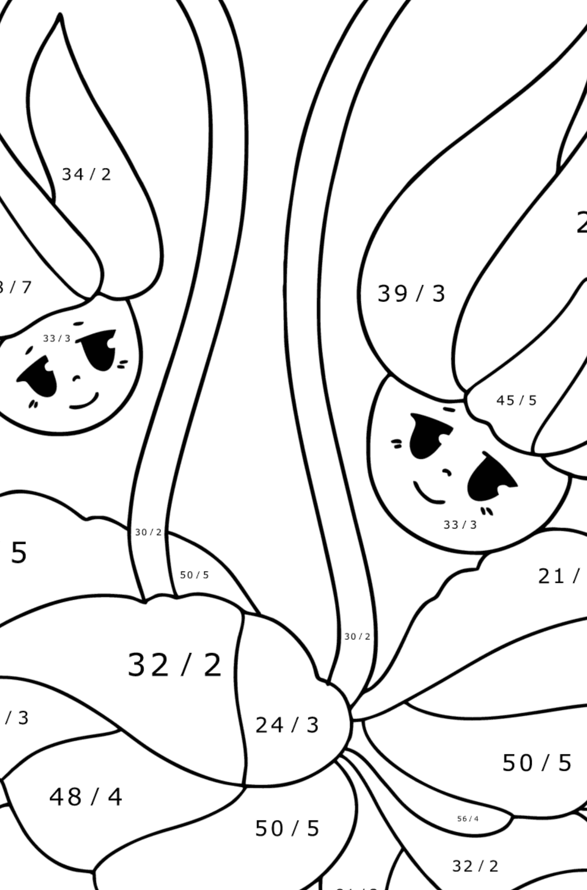 Värityskuva Syklaamia, kukkia silmillä - Matemaattinen Värityslasku - Jakolasku lapsille