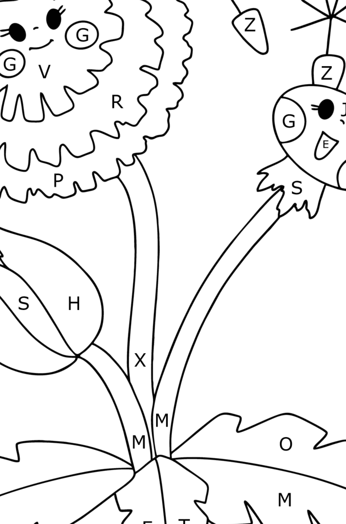 Dandelion with eyes coloring page - Coloring by Letters for Kids
