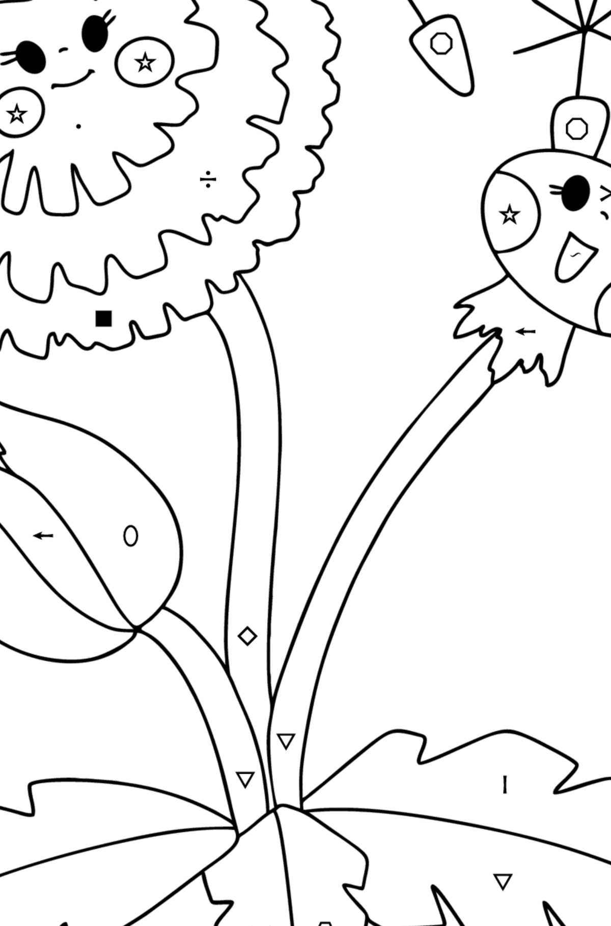 Dandelion with eyes coloring page - Coloring by Symbols and Geometric Shapes for Kids