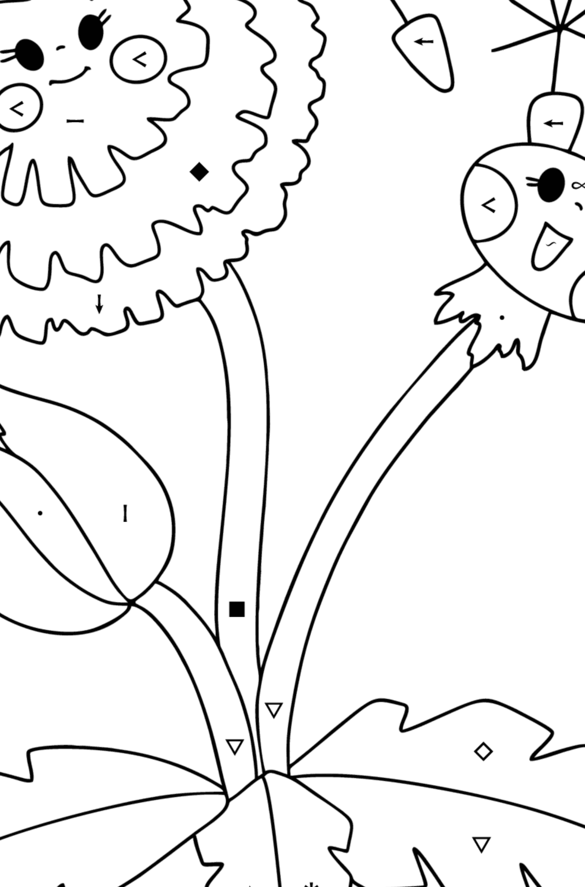 Dandelion with eyes coloring page - Coloring by Symbols for Kids