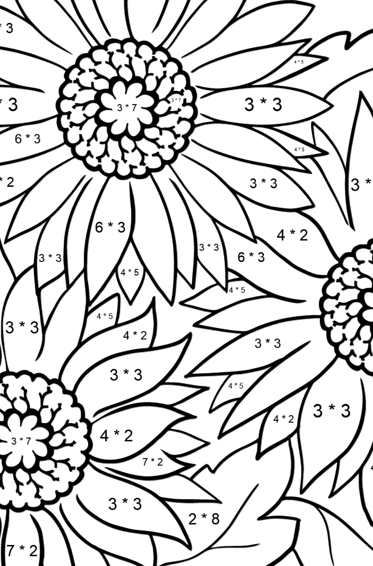 Tegning til farvning Gerbera blomst (vanskeligt) - Matematisk farvelægning side -- Multiplikation for børn