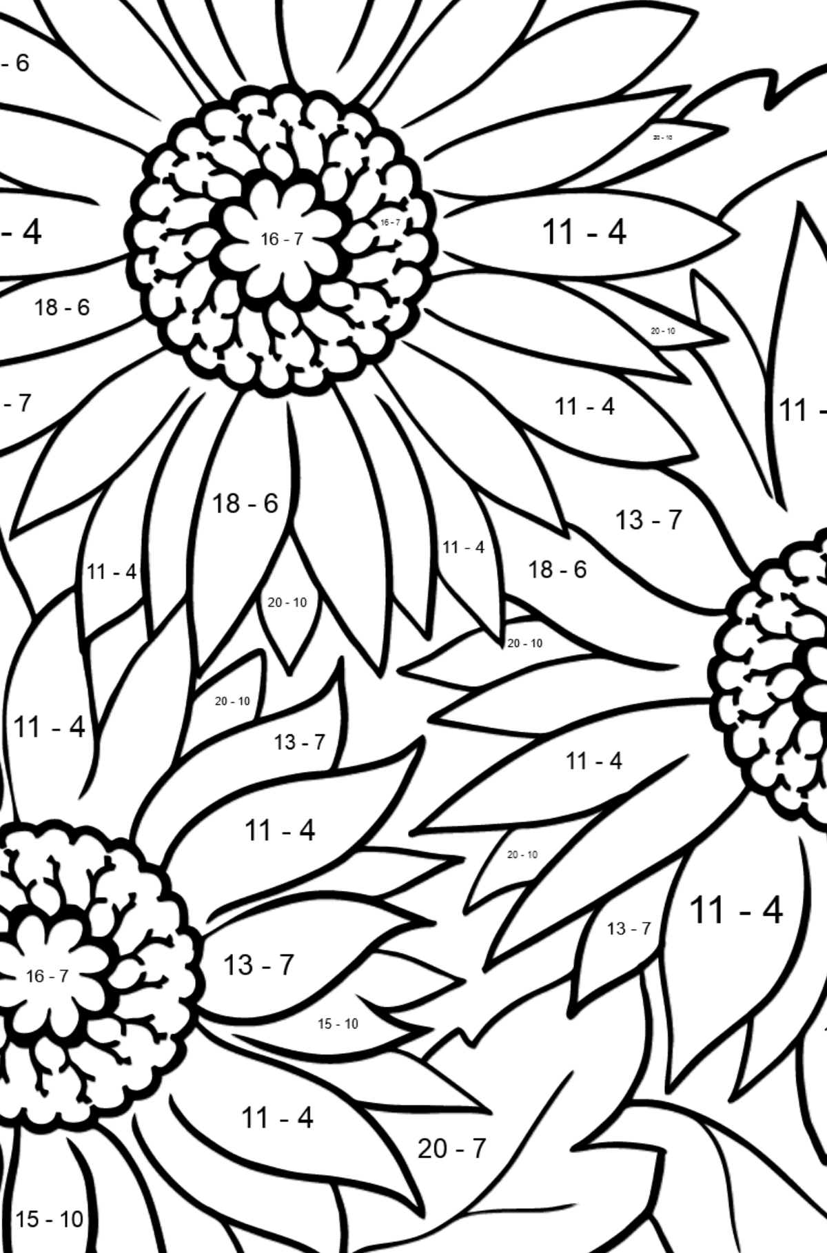 Mewarnai gambar Bunga Gerbera (sulit) - Pewarnaan Matematika: Pengurangan untuk anak-anak