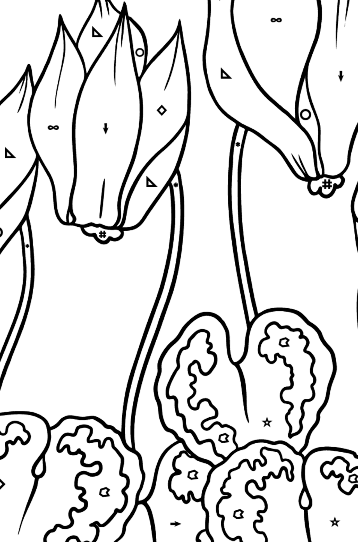 Red Cyclamen Coloring Page - Coloring by Symbols and Geometric Shapes for Kids