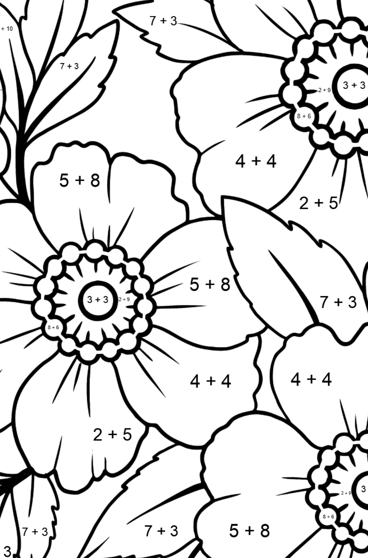 Flower Coloring Page (A4) - A Japanese Anemone with Pink Petals - Math Coloring - Addition for Kids