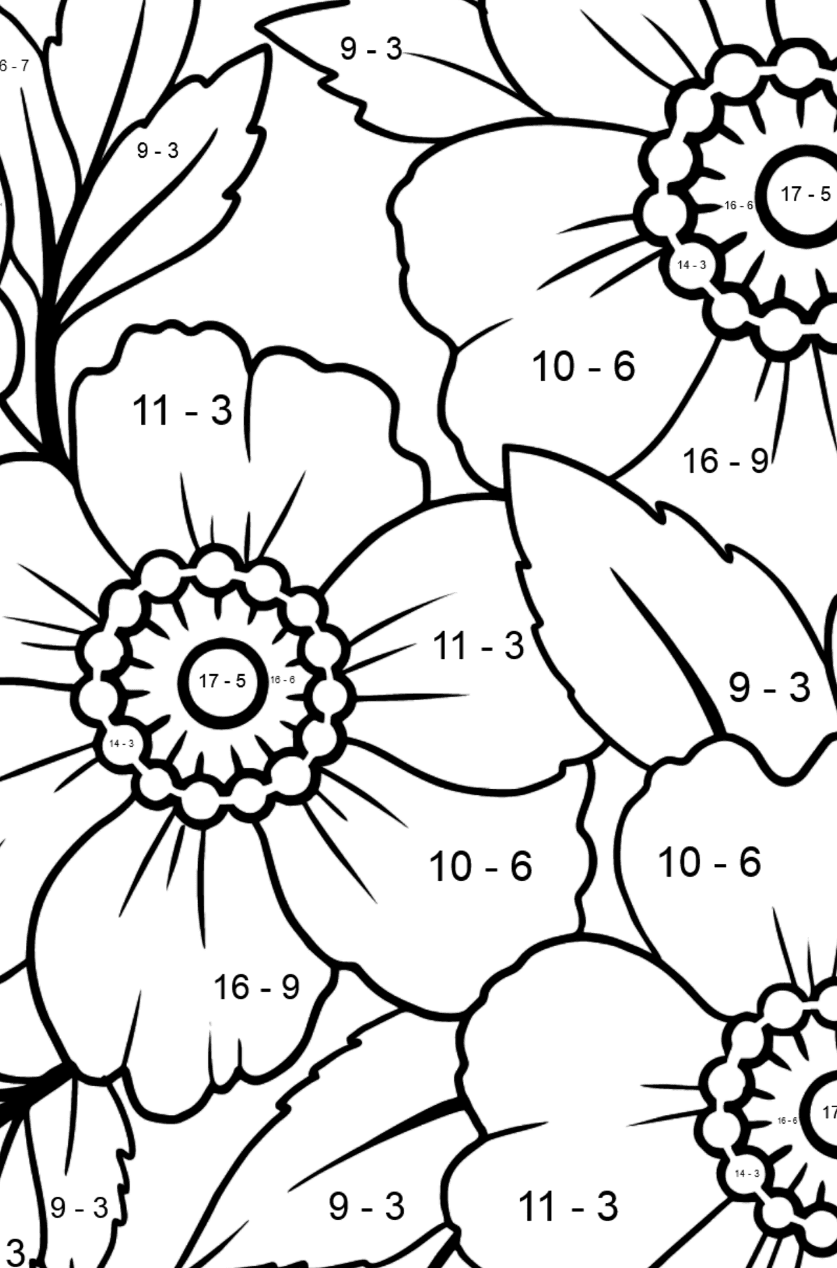 Flower Coloring Page (A4) - A Japanese Anemone with Pink Petals - Math Coloring - Subtraction for Kids