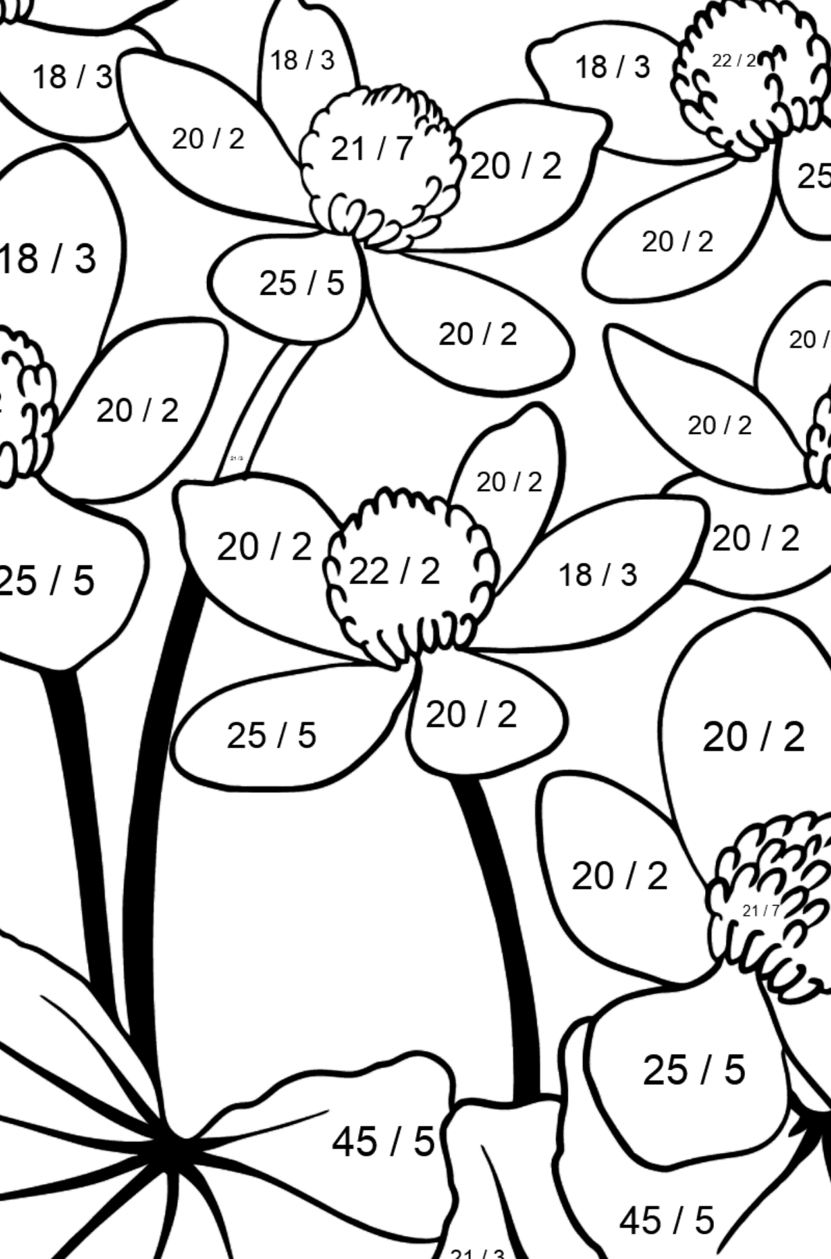 Omalovánka okouzlující květiny (složitě) - Matematická Omalovánka - Dělení pro děti