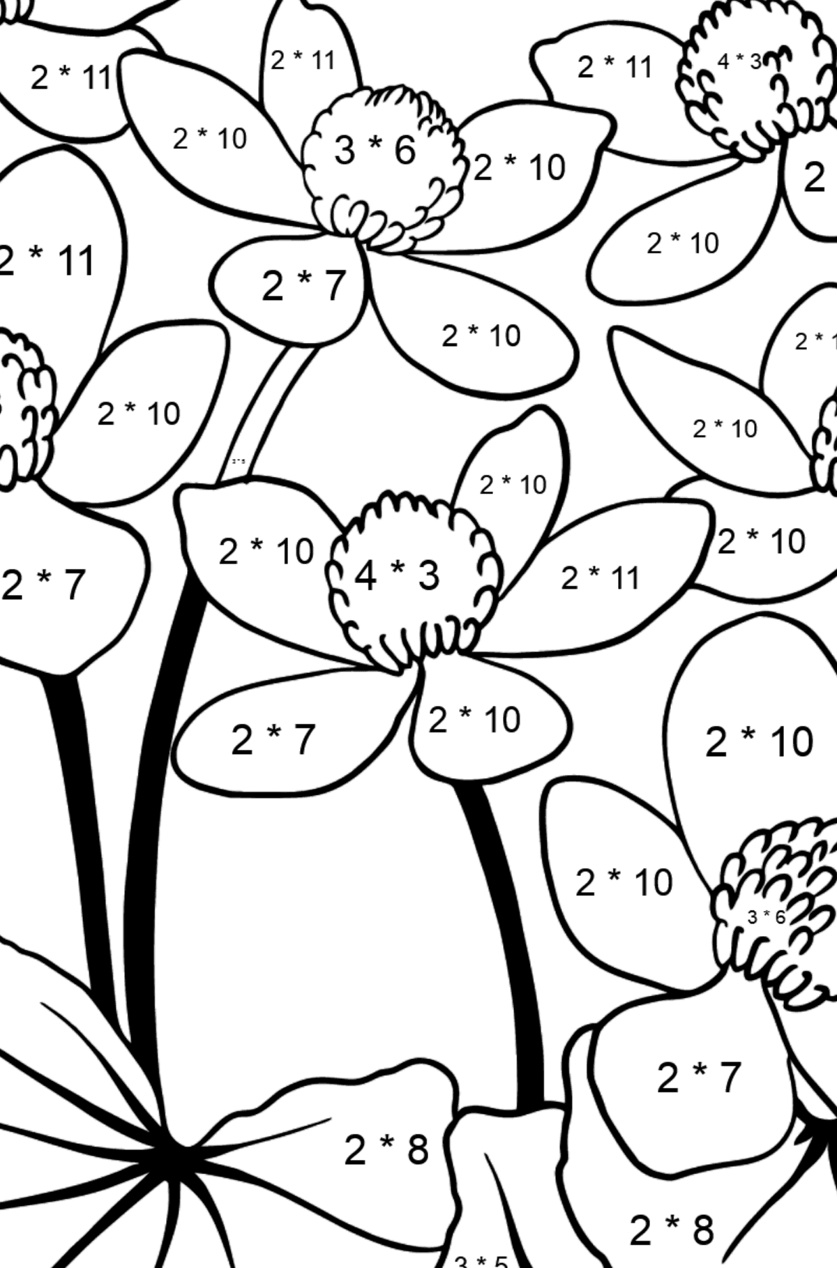 Omalovánka okouzlující květiny (složitě) - Matematická Omalovánka - Násobení pro děti