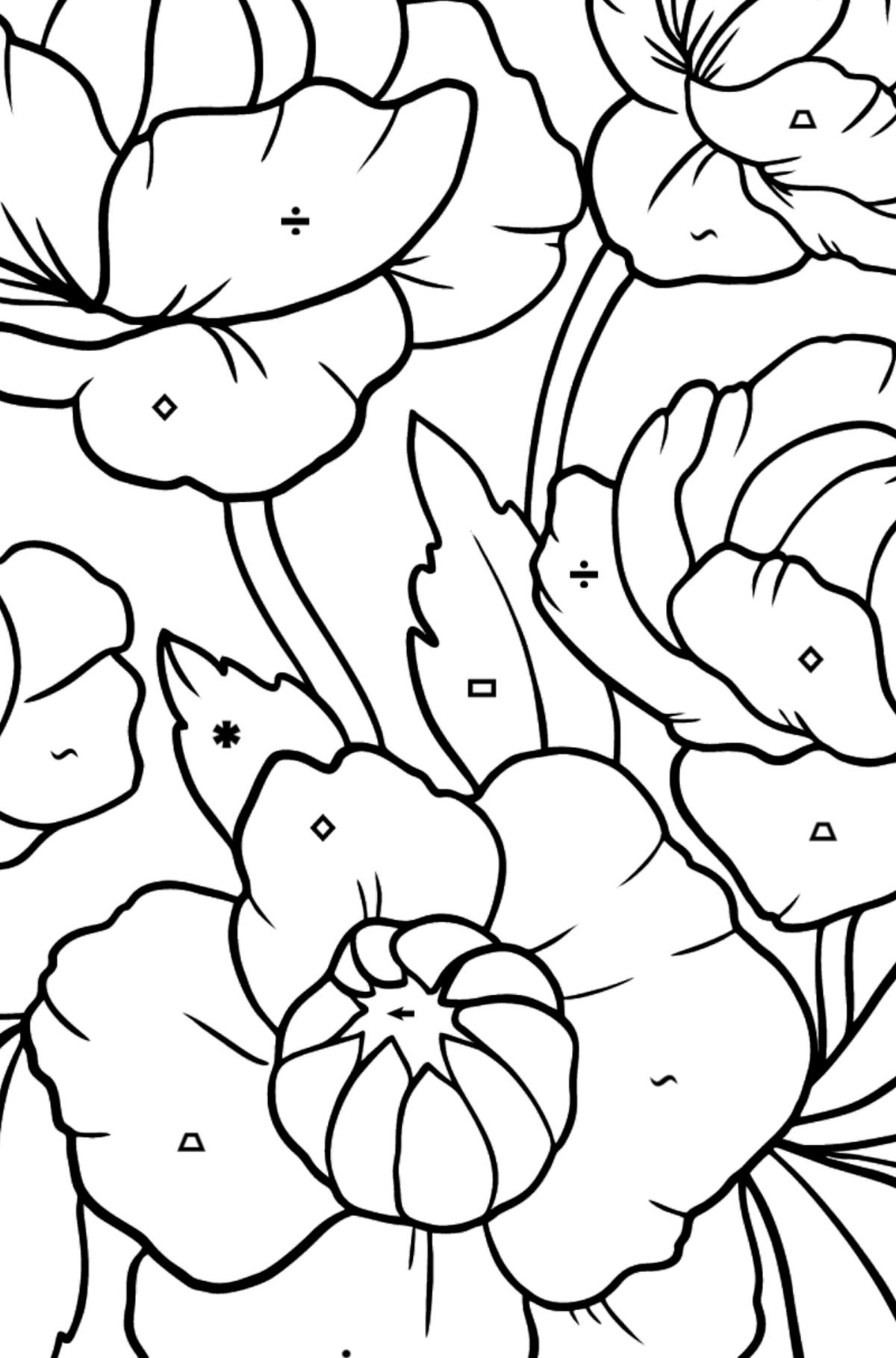 Flower Coloring Page - A Pink Globeflower - Coloring by Symbols and Geometric Shapes for Kids