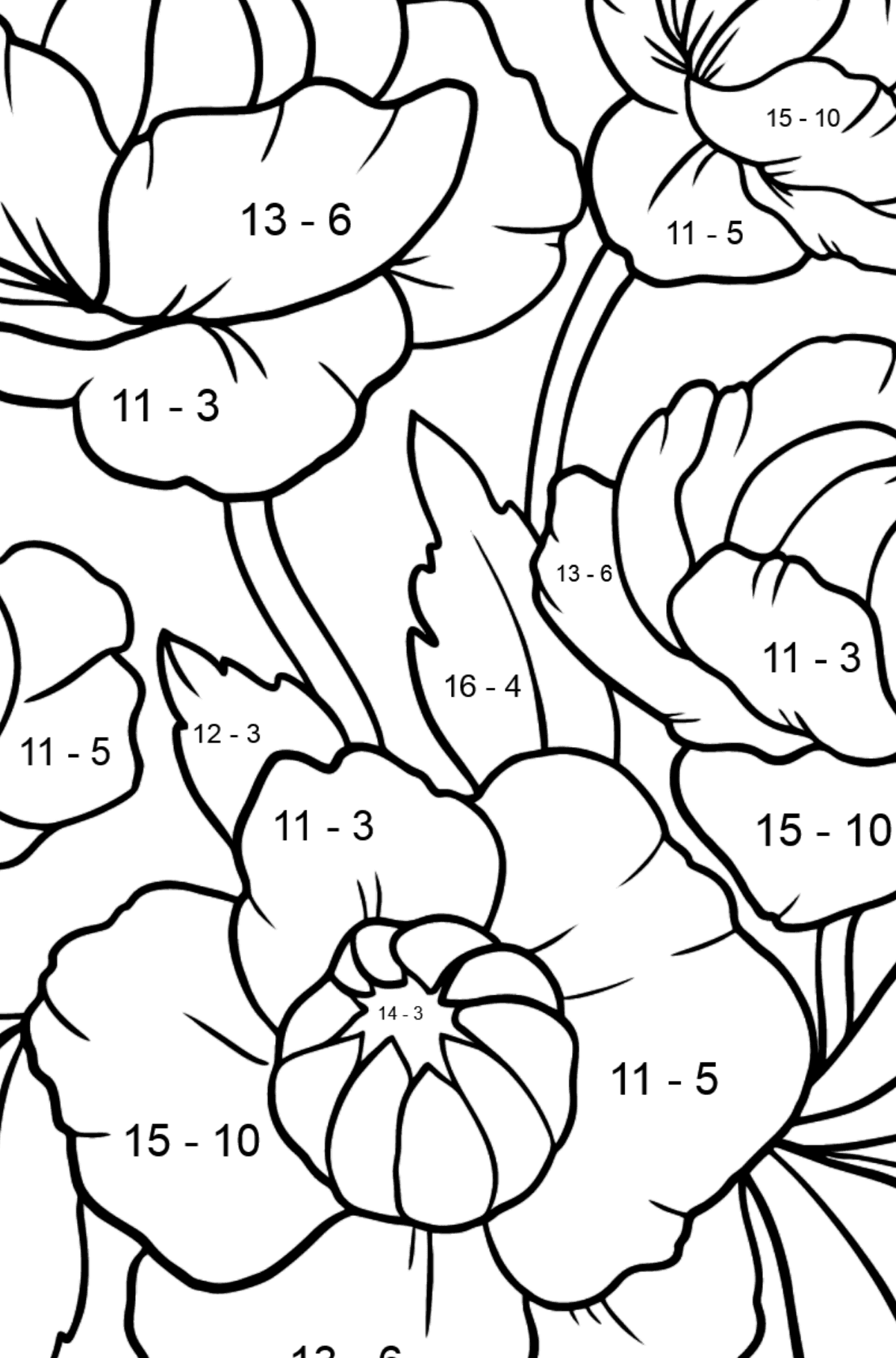 Tegning til farvning blomster badedragt - Matematisk farvelægning side -- Subtraktion for børn