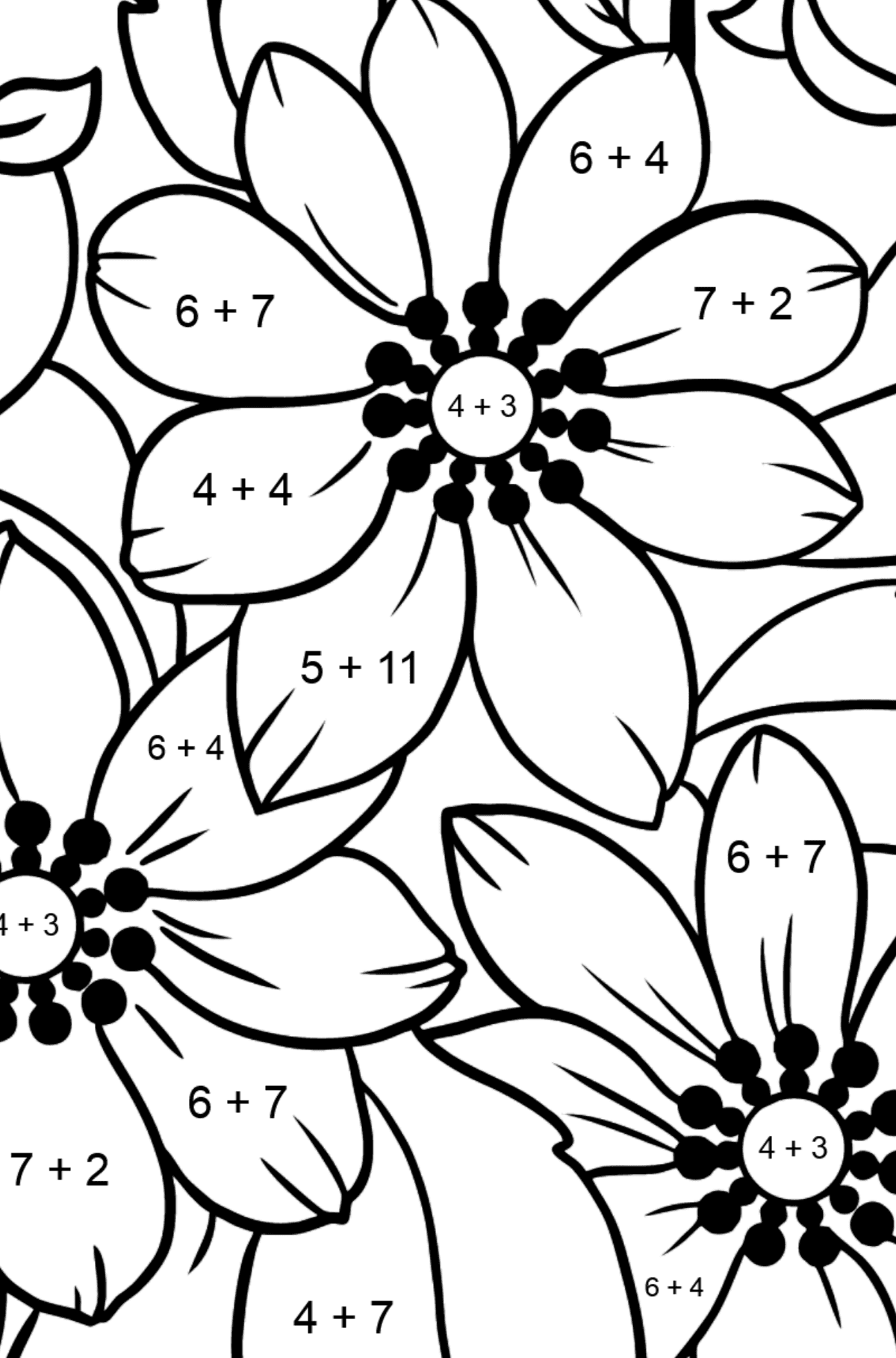 Mewarnai gambar bunga yang indah (sulit) - Pewarnaan Matematika: Pertambahan untuk anak-anak