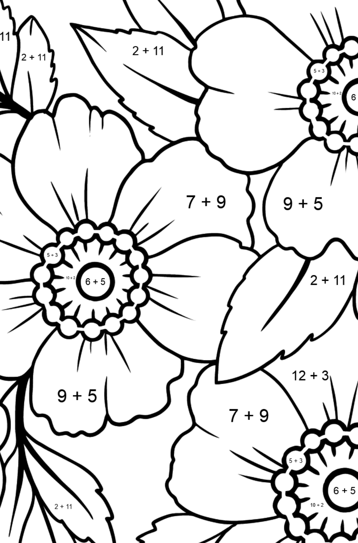 Flower Coloring Page - Japanese Anemone - Math Coloring - Addition for Kids