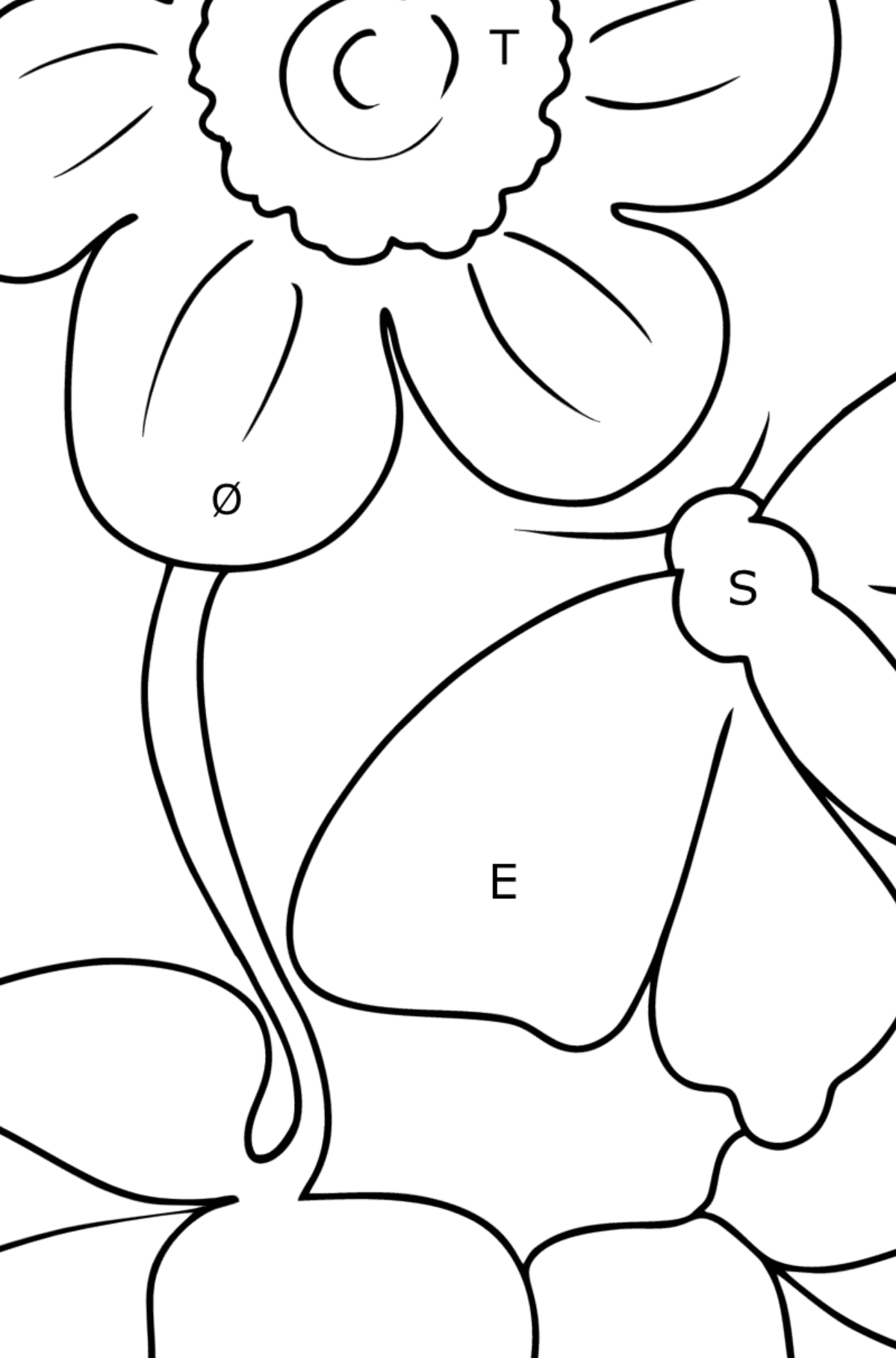 Tegning til fargelegging blomster og sommerfugl - Fargelegge etter bokstaver for barn