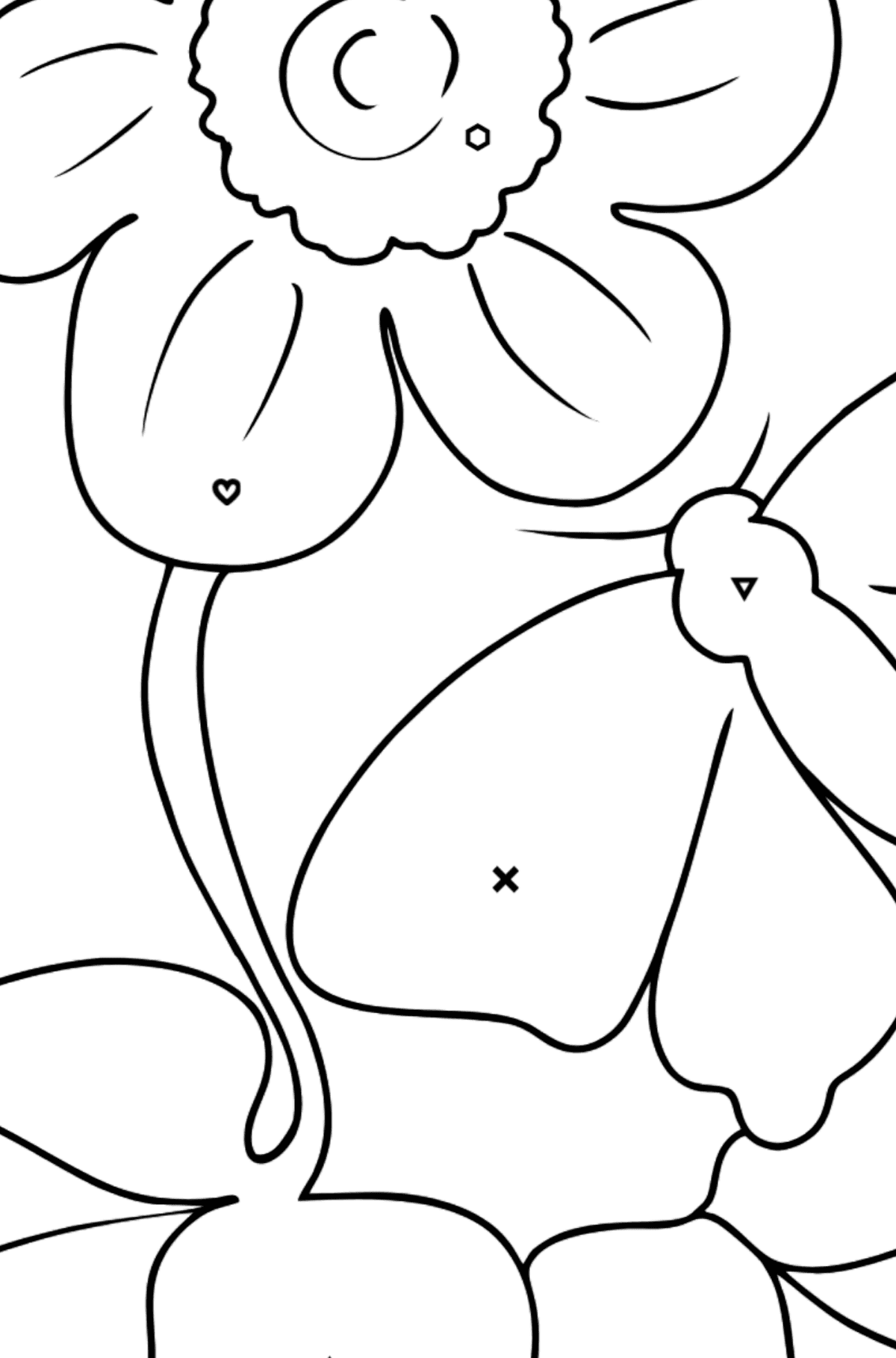 Tegning til fargelegging blomster og sommerfugl - Fargelegge etter symboler og geometriske former for barn