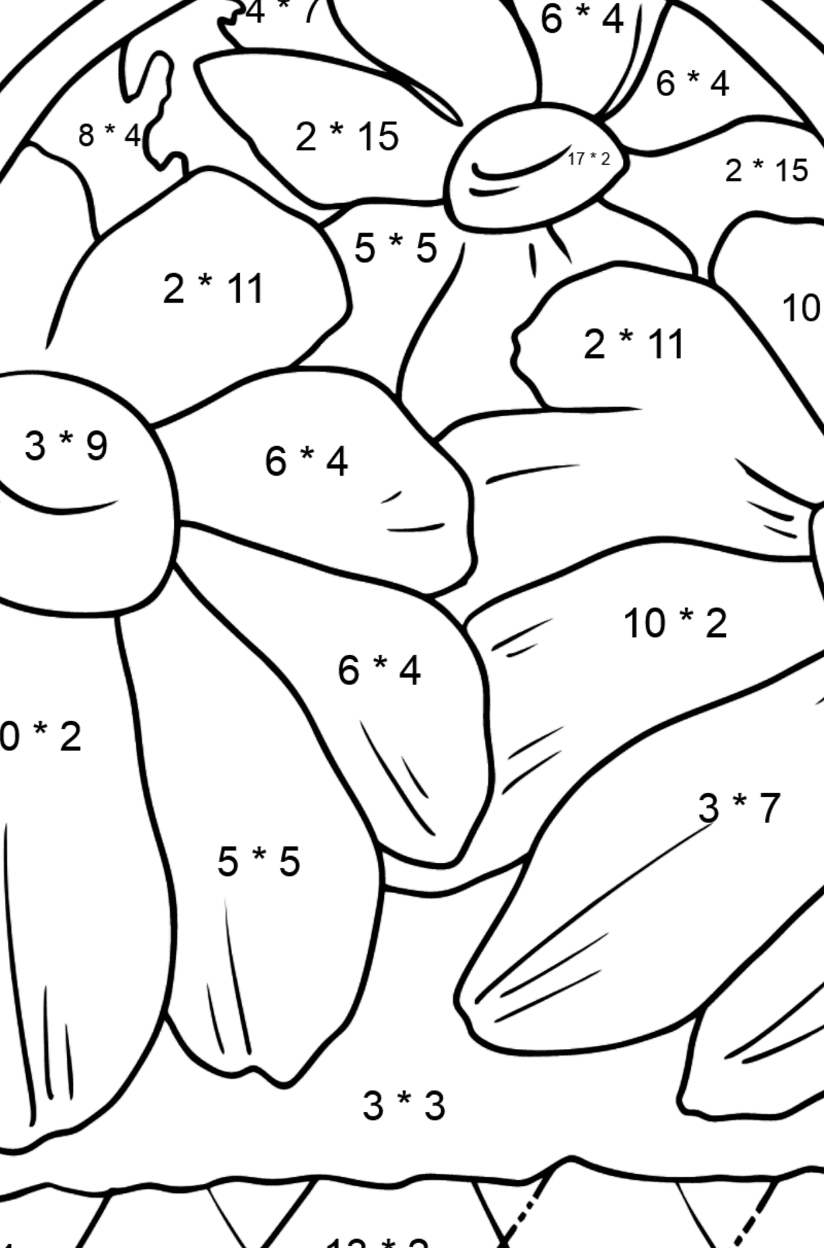 Tegning til farvning blomster i en kurv - Matematisk farvelægning side -- Multiplikation for børn