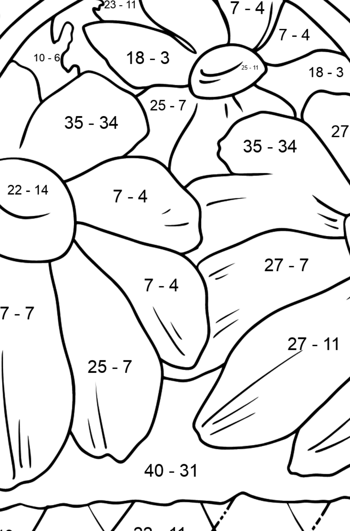 Tegning til farvning blomster i en kurv - Matematisk farvelægning side -- Subtraktion for børn