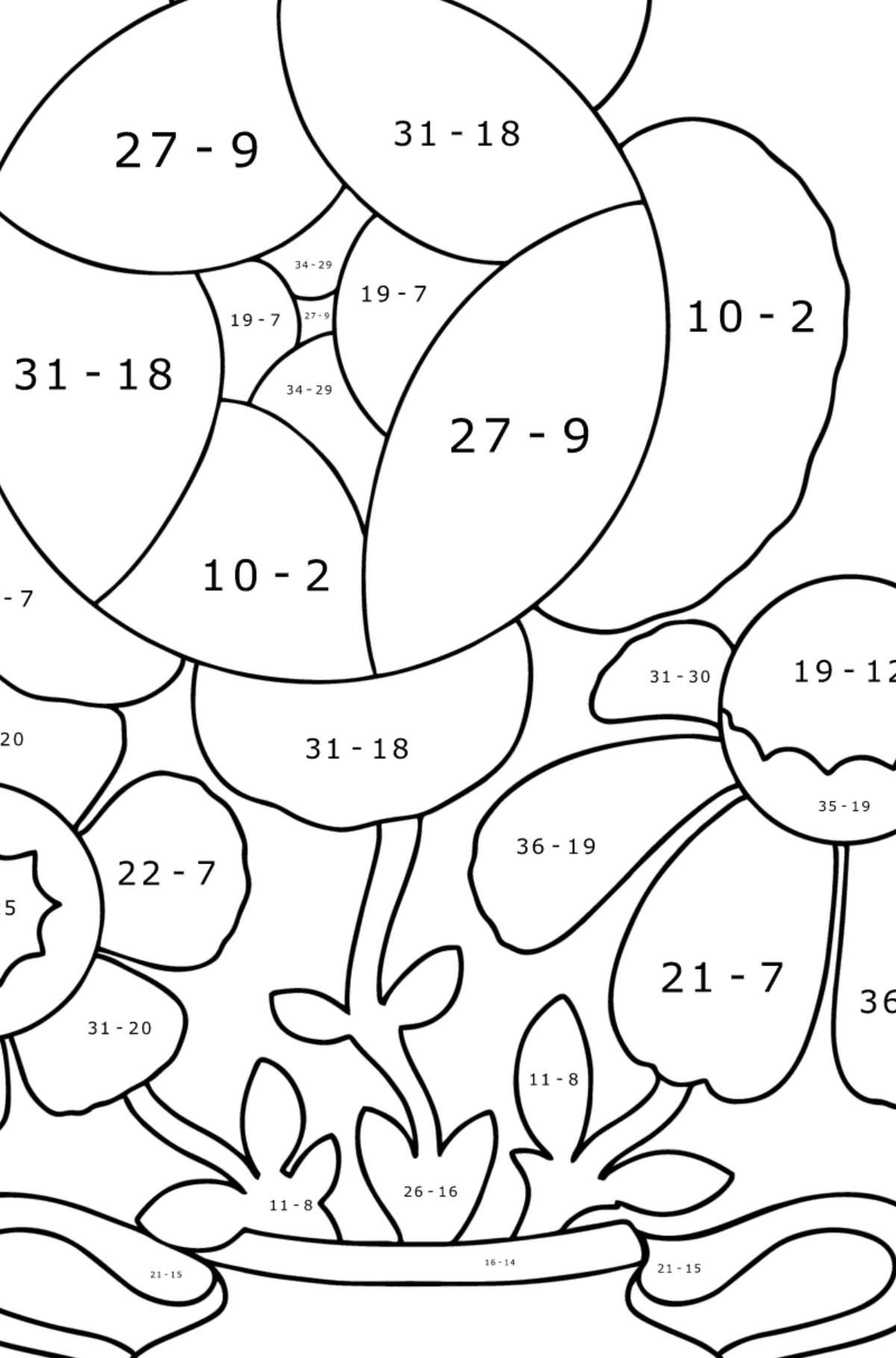 Розмальовка Милі квіти у вазі - Математична Розмальовка Віднімання для дітей