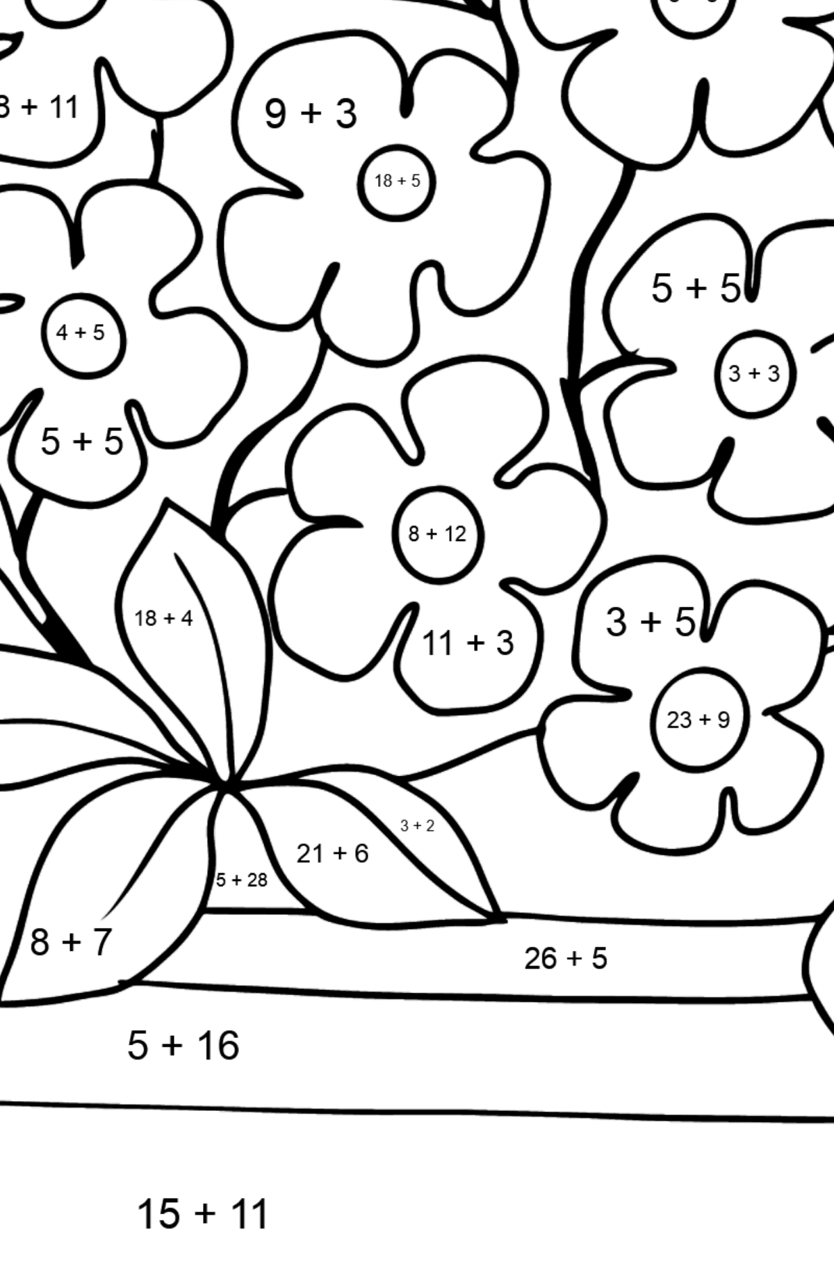 Dibujo de flores para colorear - Forget-me-nots - Colorear con Matemáticas - Sumas para Niños