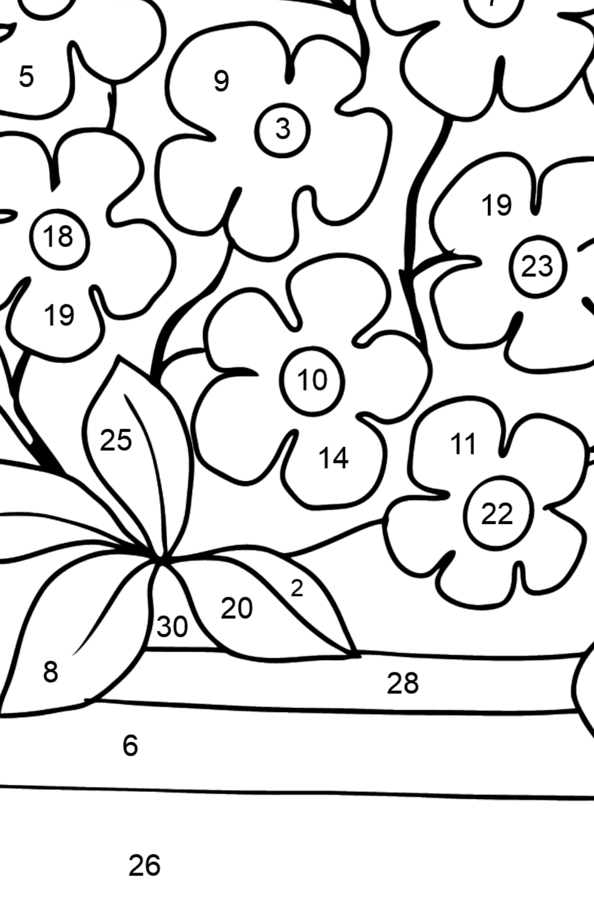 Tegning til farvning blomst forglemmigej - Farvelægning side af tallene for børn
