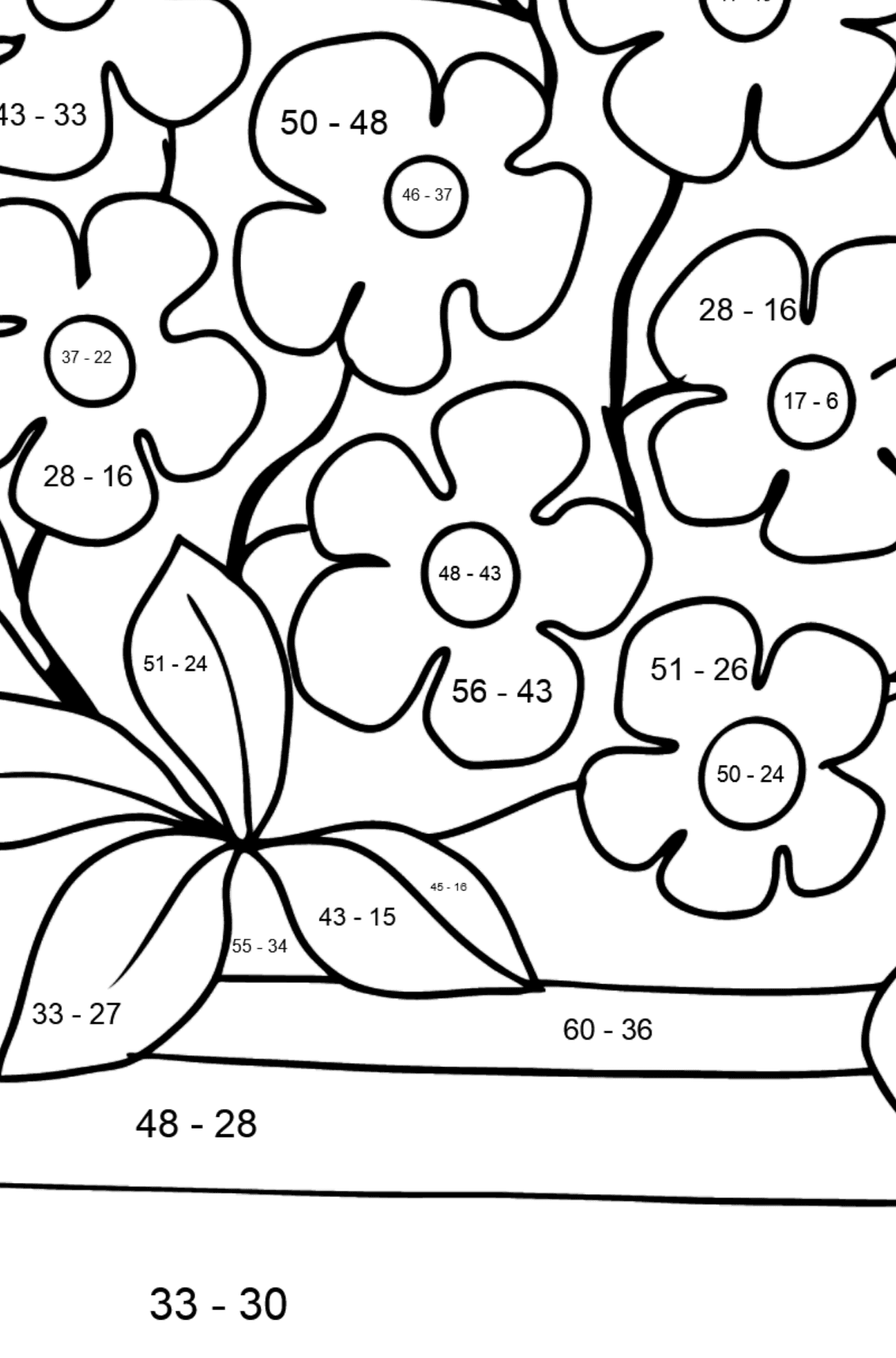 Tegning til farvning blomst forglemmigej - Matematisk farvelægning side -- Subtraktion for børn
