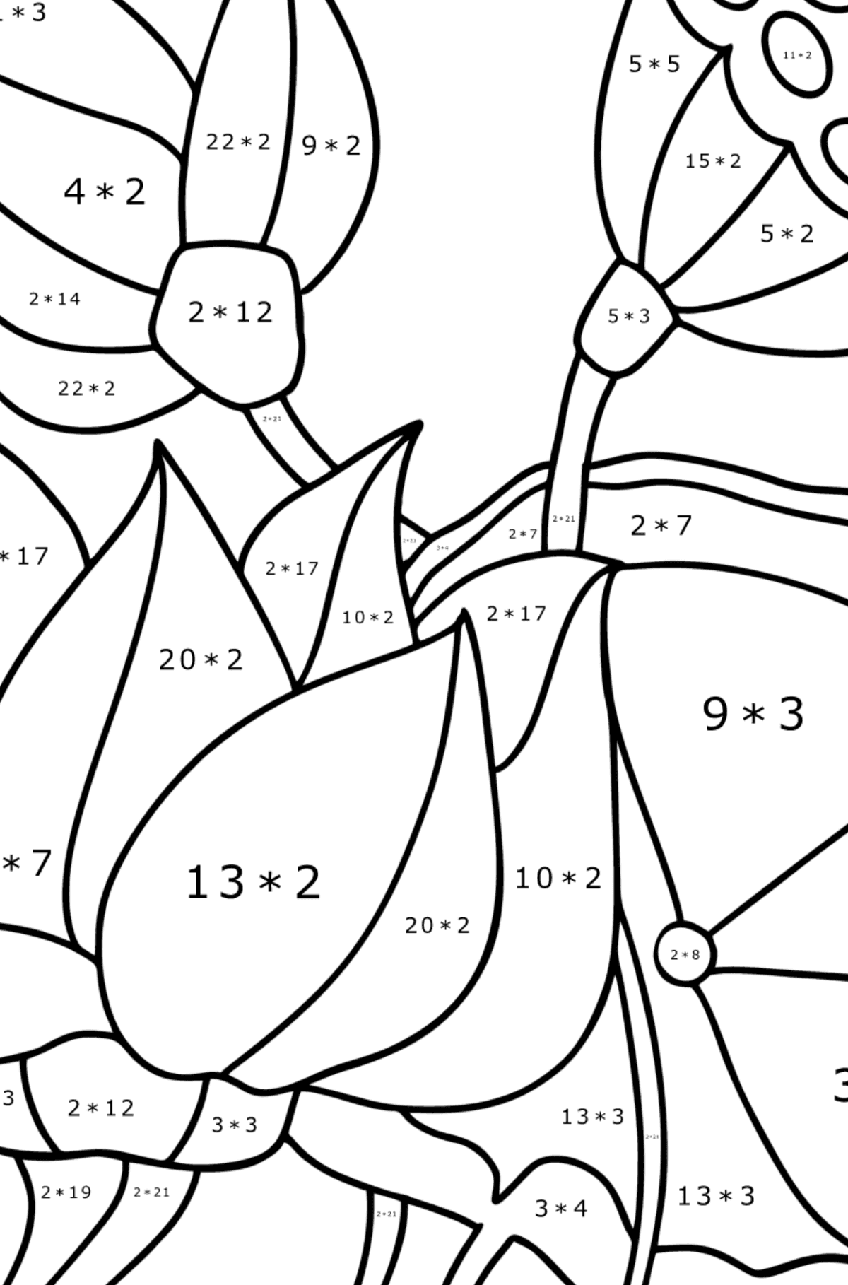 Tegning til farvning Lotus - Matematisk farvelægning side -- Multiplikation for børn