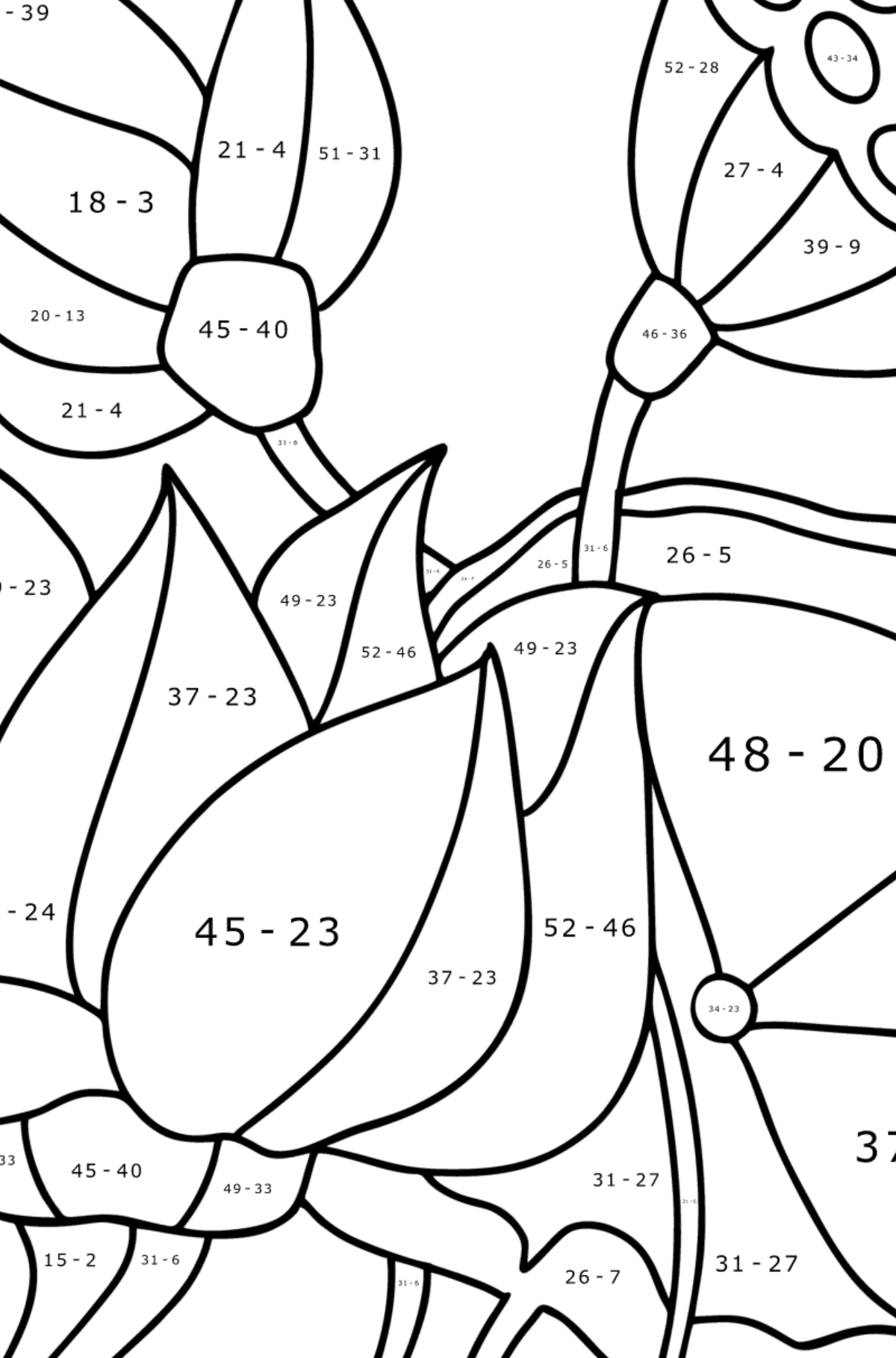 Ausmalbild Lotus - Mathe Ausmalbilder - Subtraktion für Kinder