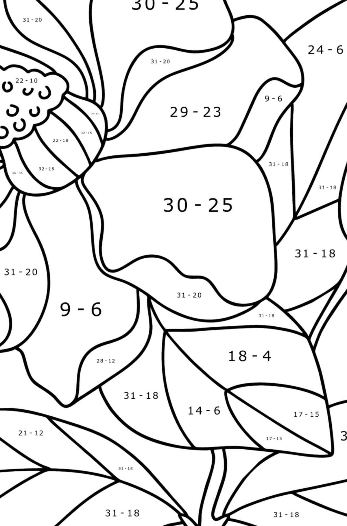 Tegning til farvning Magnolia - Matematisk farvelægning side -- Subtraktion for børn