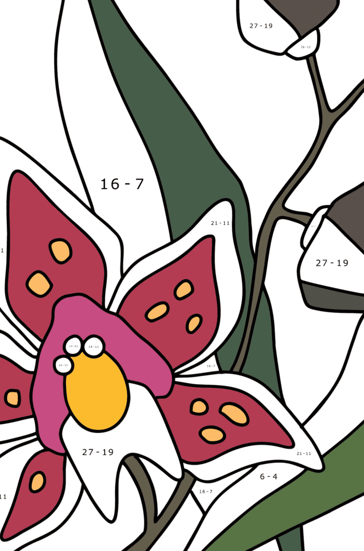Ausmalbild Orchidee - Mathe Ausmalbilder - Subtraktion für Kinder