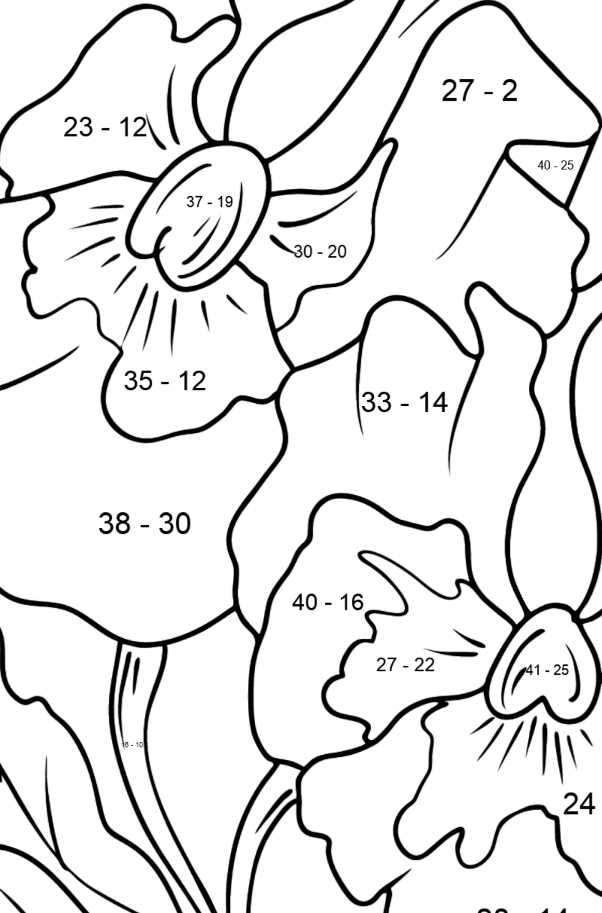 Tegning til farvning Stedmoderblomster - Matematisk farvelægning side -- Subtraktion for børn