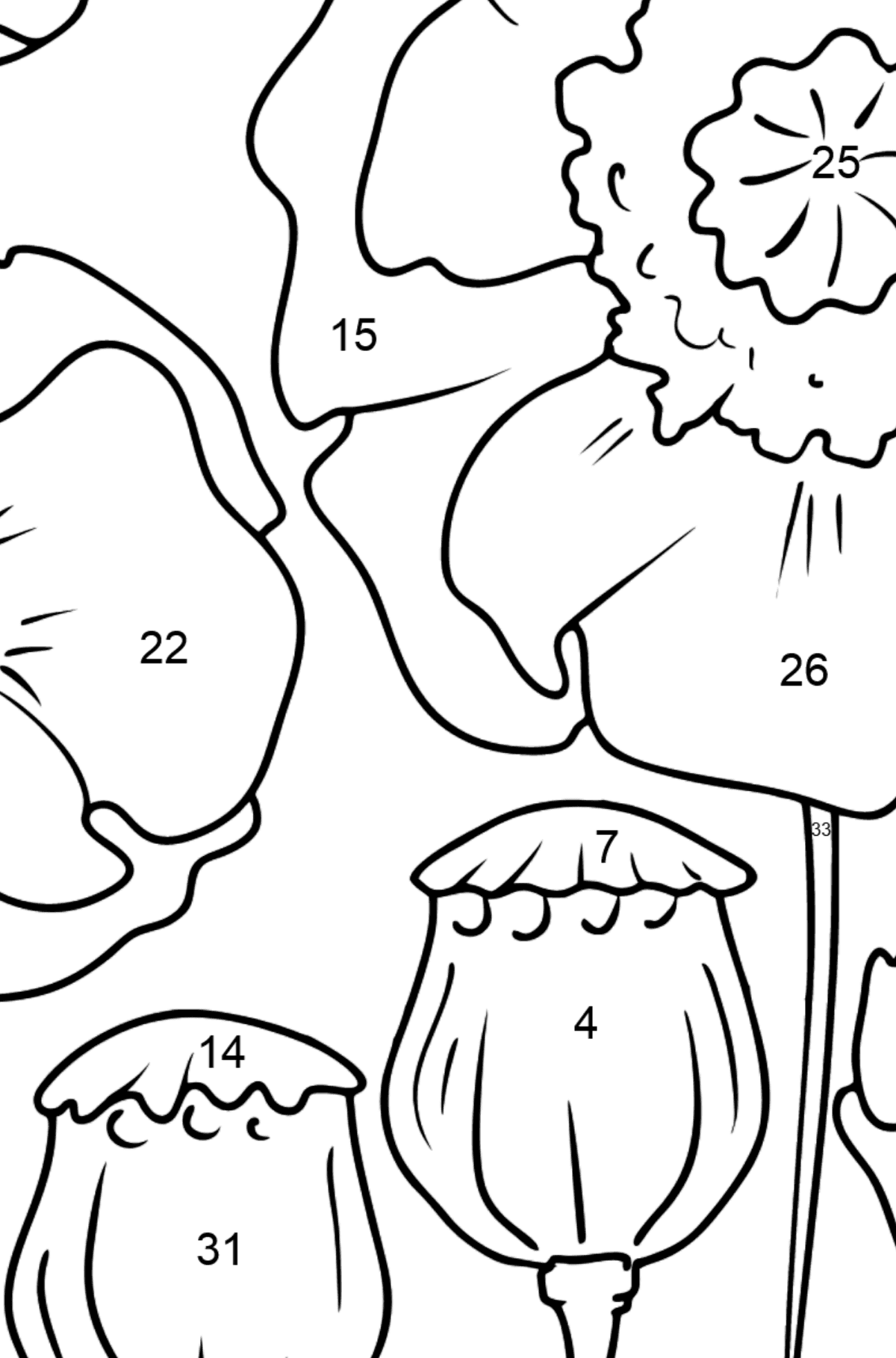 Tegning til farvning valmue blomster - Farvelægning side af tallene for børn