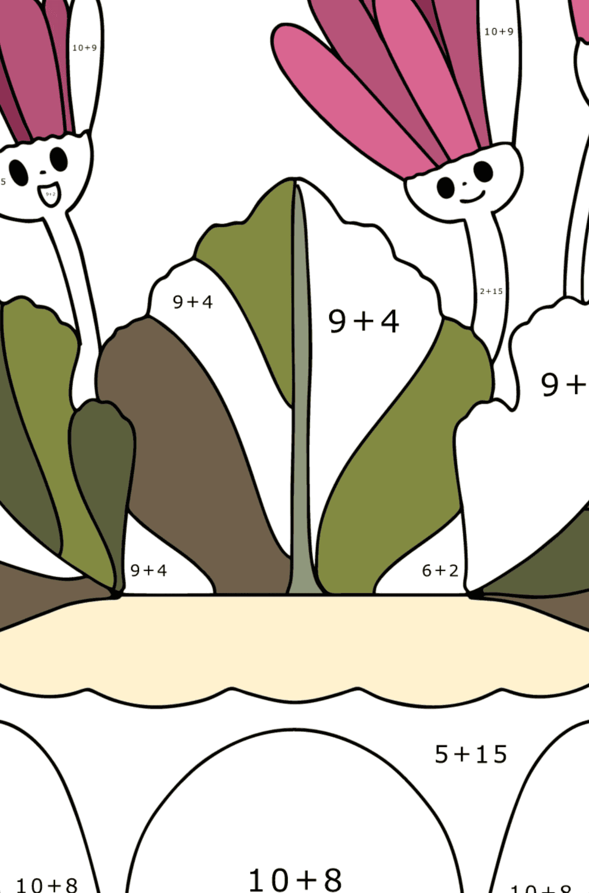 Ausmalbild Primel mit Augen - Mathe Ausmalbilder - Addition für Kinder