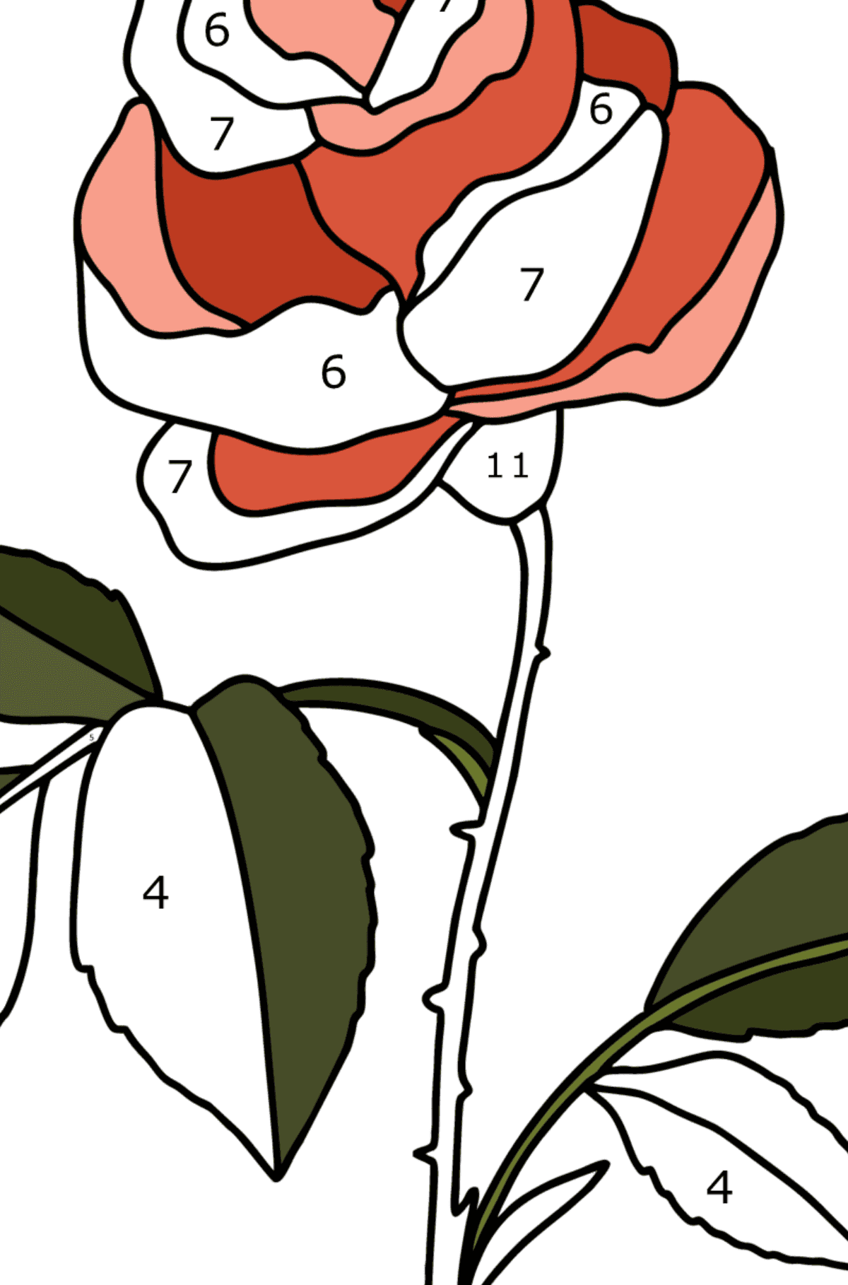 Ausmalbild rote Rose - Malen nach Zahlen für Kinder