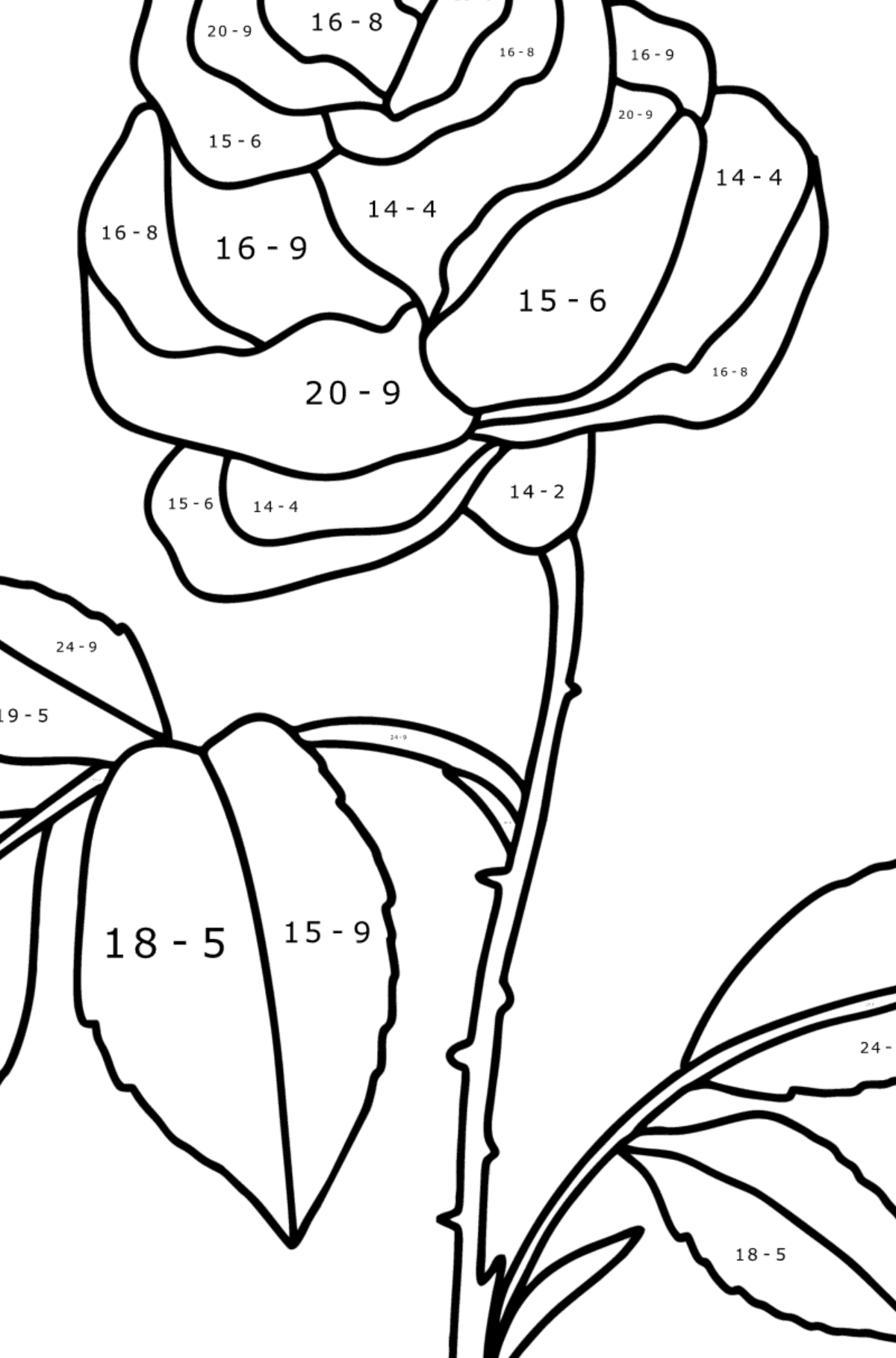 Ausmalbild rote Rose - Mathe Ausmalbilder - Subtraktion für Kinder