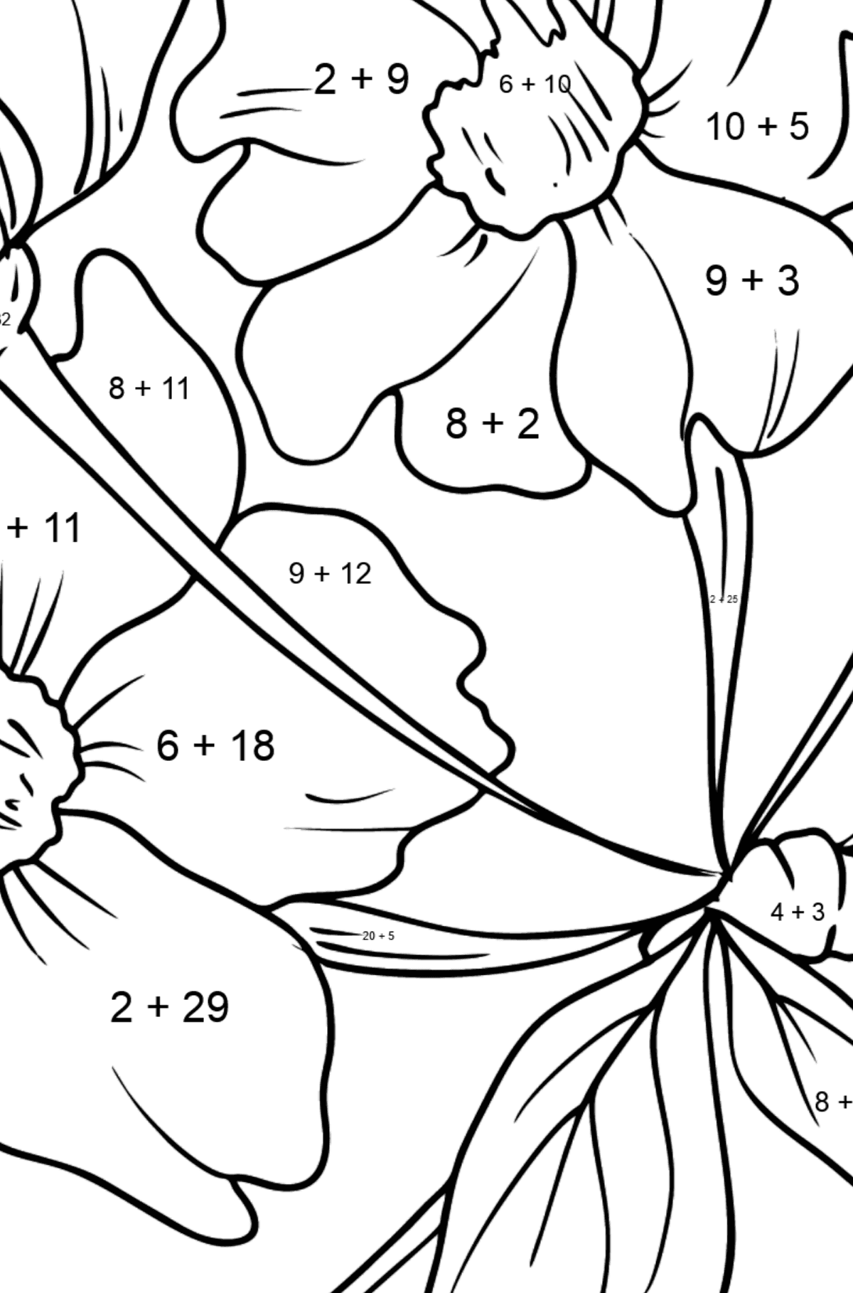 Dibujo para colorear flor - Sakura - Colorear con Matemáticas - Sumas para Niños