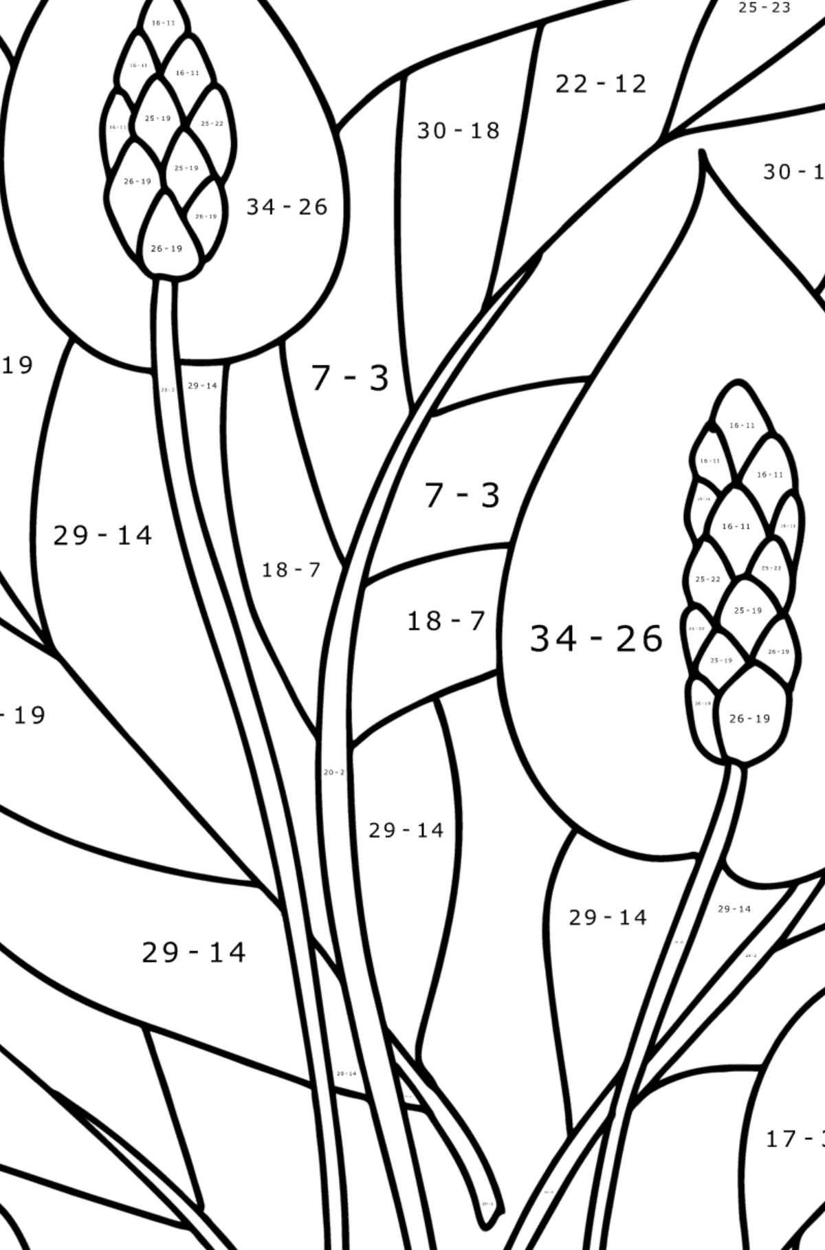 Tegning til farvning Spathiphyllum - Matematisk farvelægning side -- Subtraktion for børn