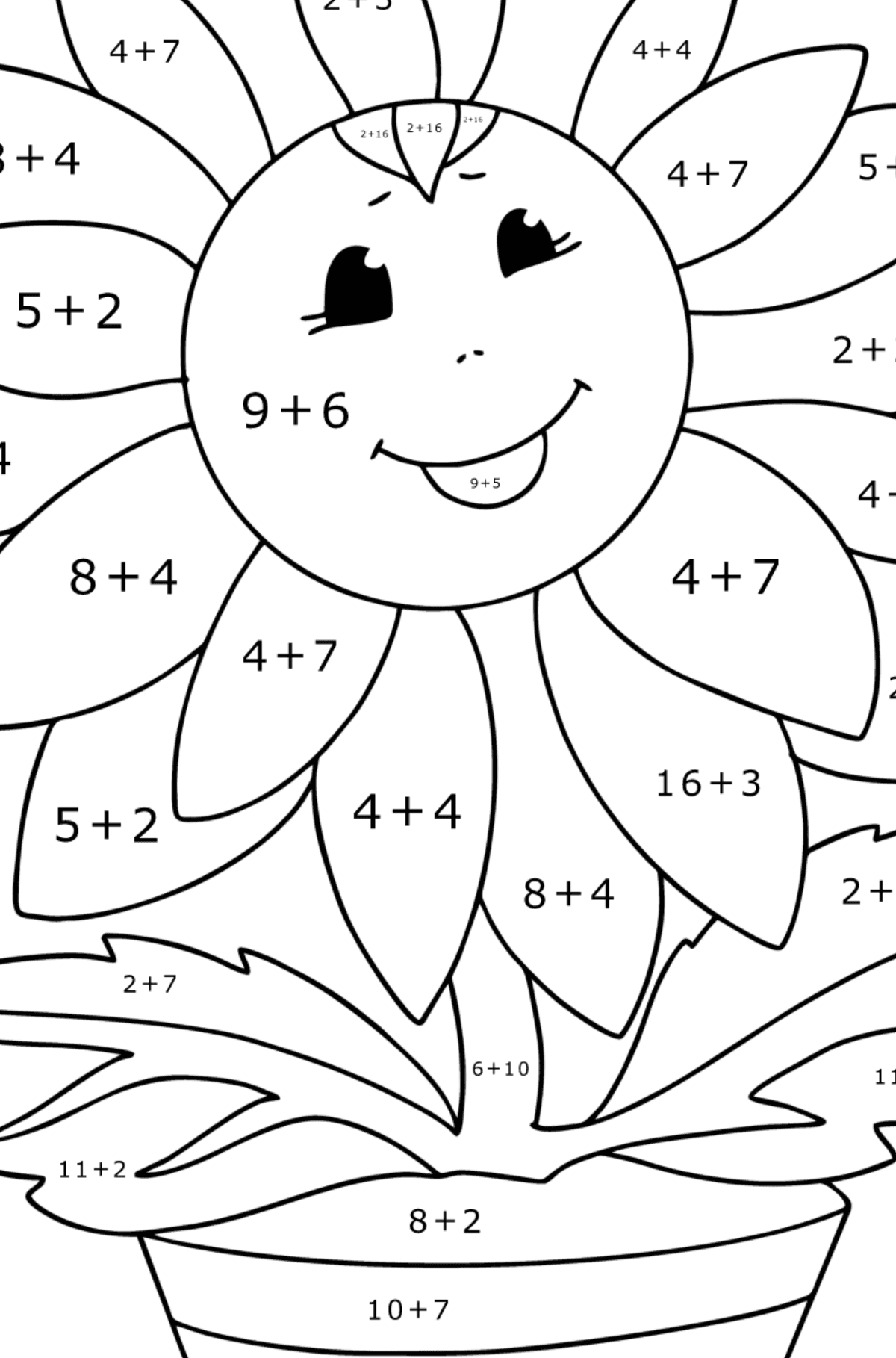 Målarbild solros med ögon - Matematik Färgläggning - Addition För barn