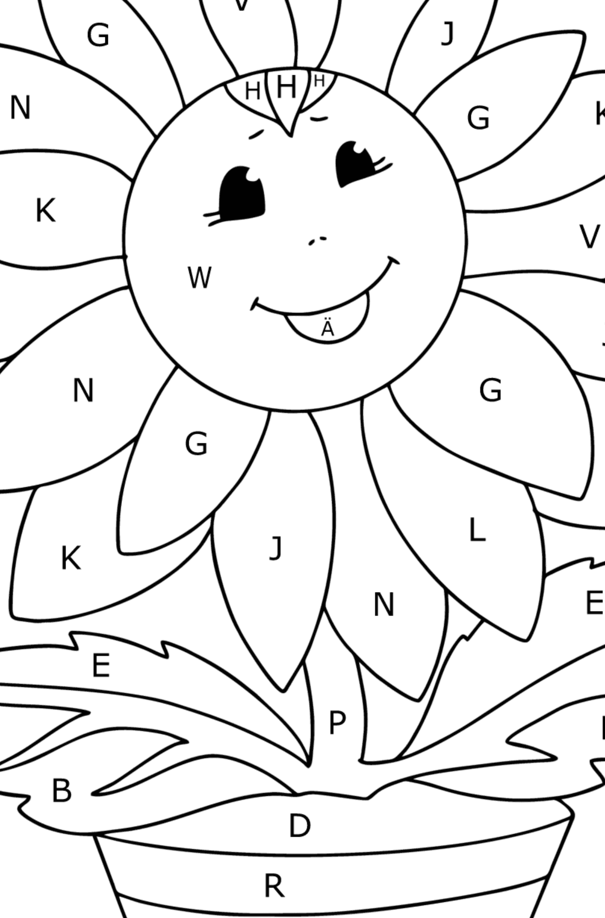 Målarbild solros med ögon - Färgläggning av bokstäver För barn