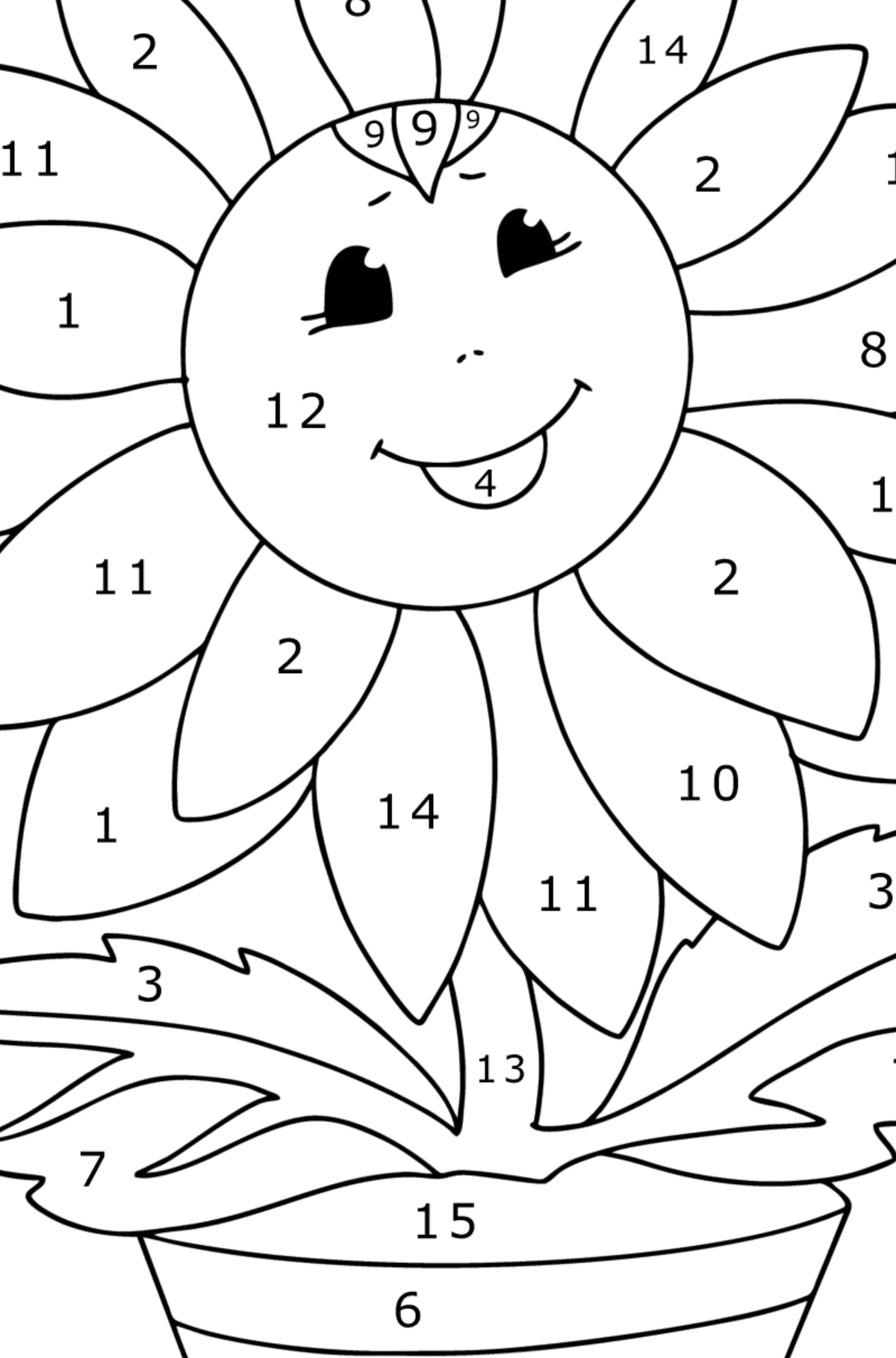 Målarbild solros med ögon - Färgläggning efter nummer För barn